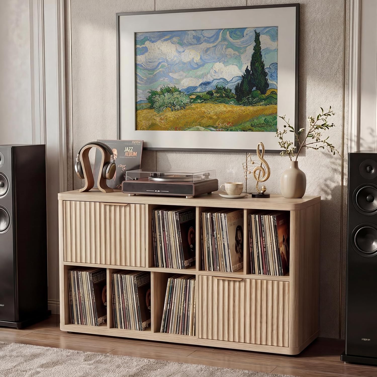 LELELINKY Large Record Player Stand - 39.5" Record Cabinet with Open Vinyl Storage Holds up to 400 Albums, Modern Vinyl Player Table with Fluted Doors, Turntable Stand for Living Room, Natural Oak