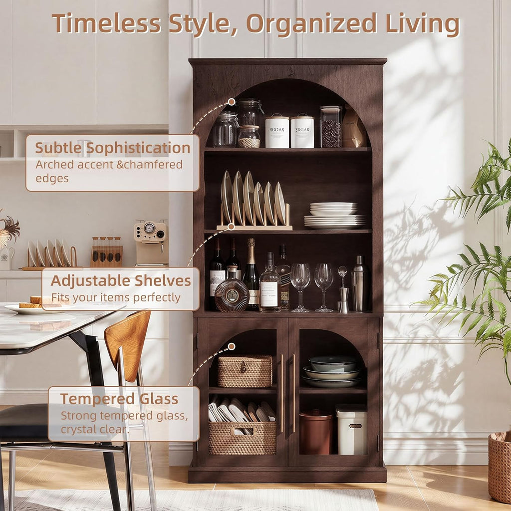 LELELINKY Arched Bookshelf with Tempered Glass Doors, 67" Tall Bookcase