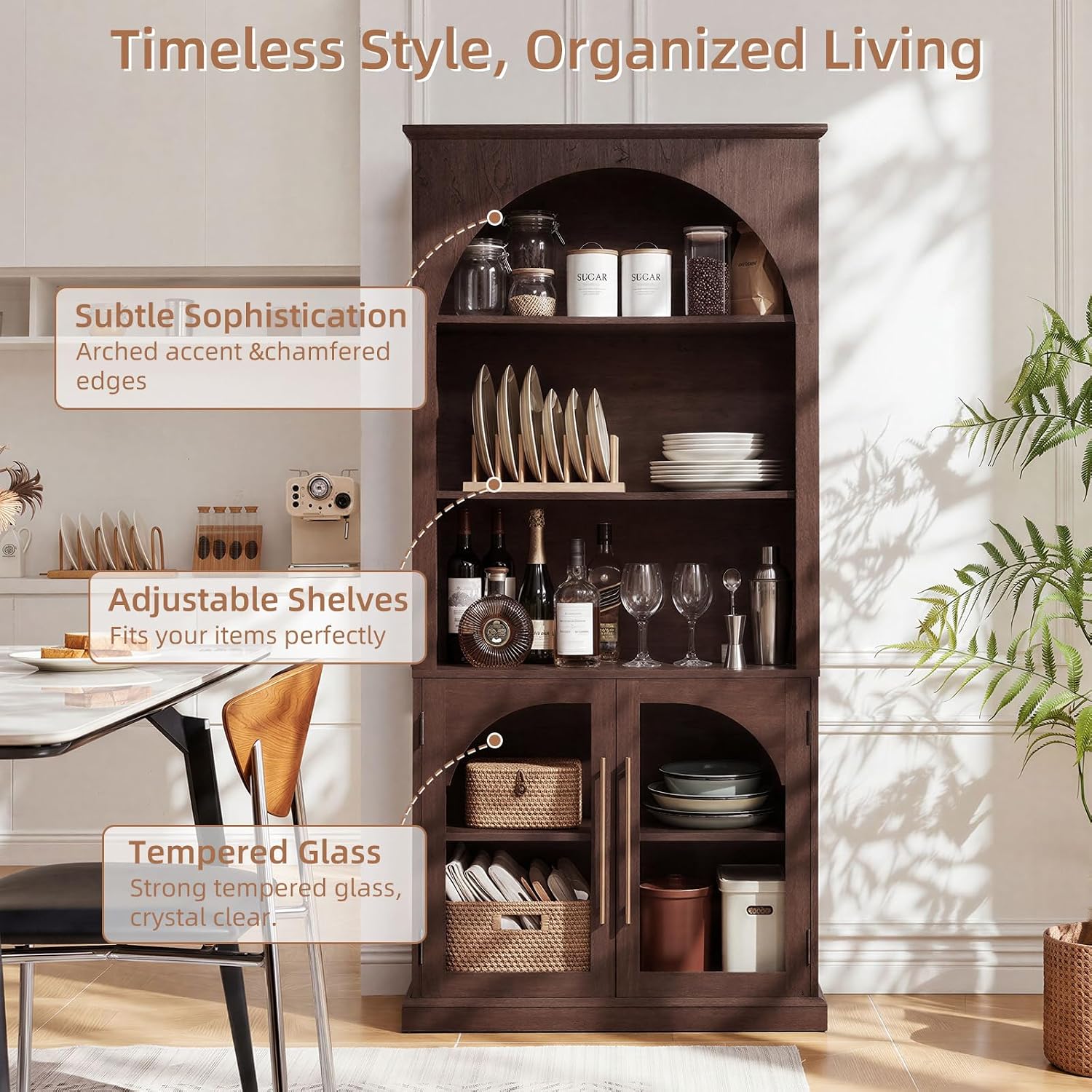 LELELINKY Arched Bookshelf with Tempered Glass Doors, 67" Tall Bookcase