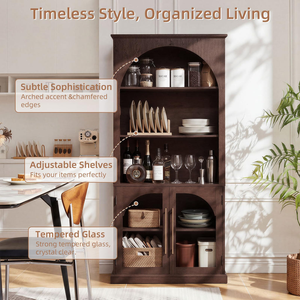 LELELINKY Arched Bookshelf with Tempered Glass Doors, 67" Tall Bookcase