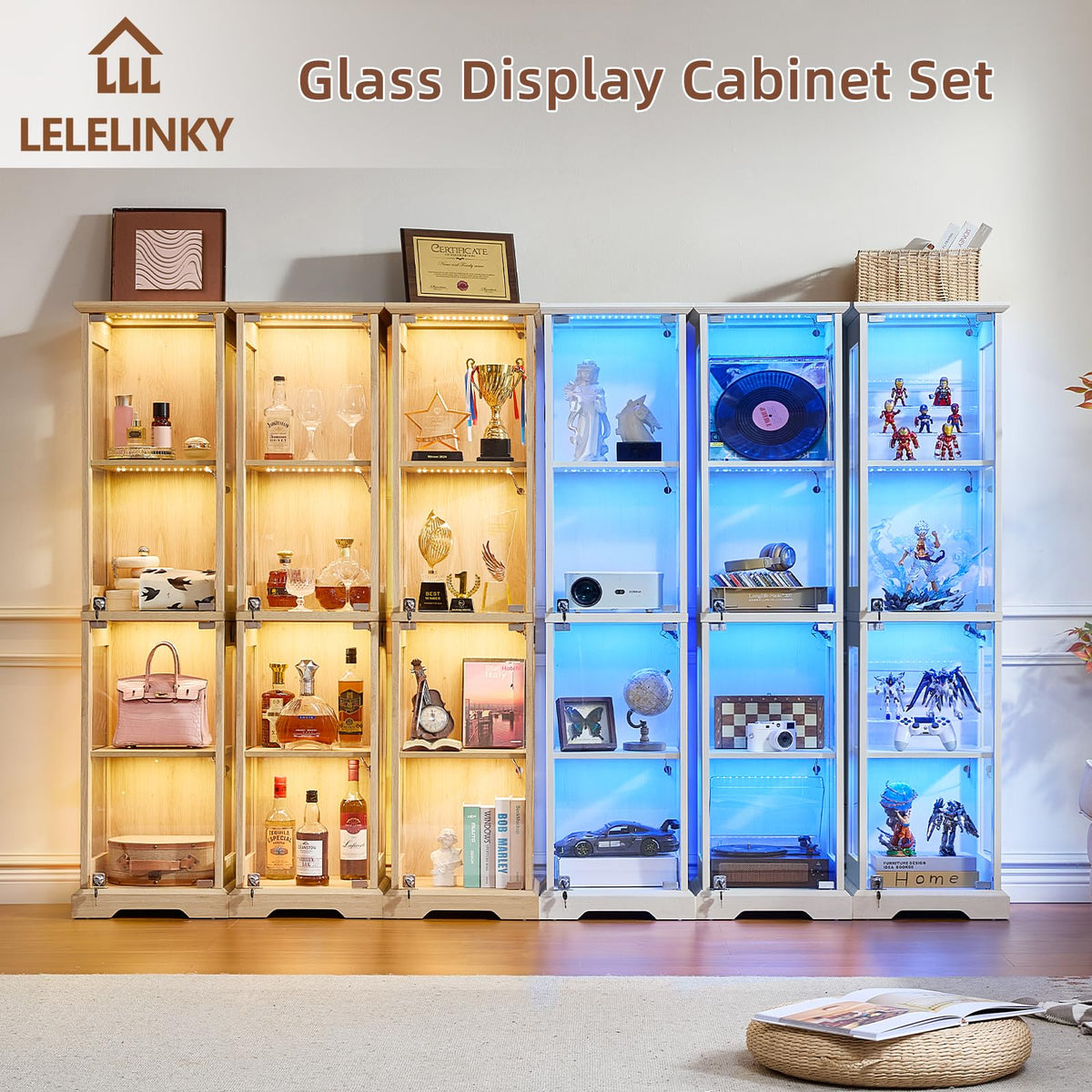 LELELINKY Farmhouse Narrow Glass Display Cabinet with Doors & Lock, Walnut