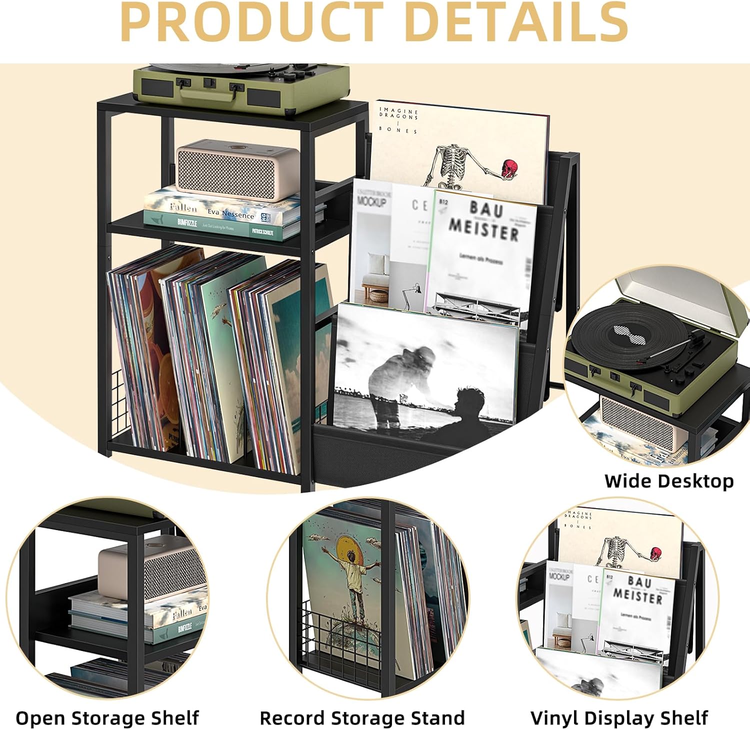 LELELINKY Black End Table,Record Player Stand with Vinyl Storage,3 Tier Side Table with Display Shelf Storage Up to 150 Albums,Industrial Large Record Holder Cabinet for Living Room