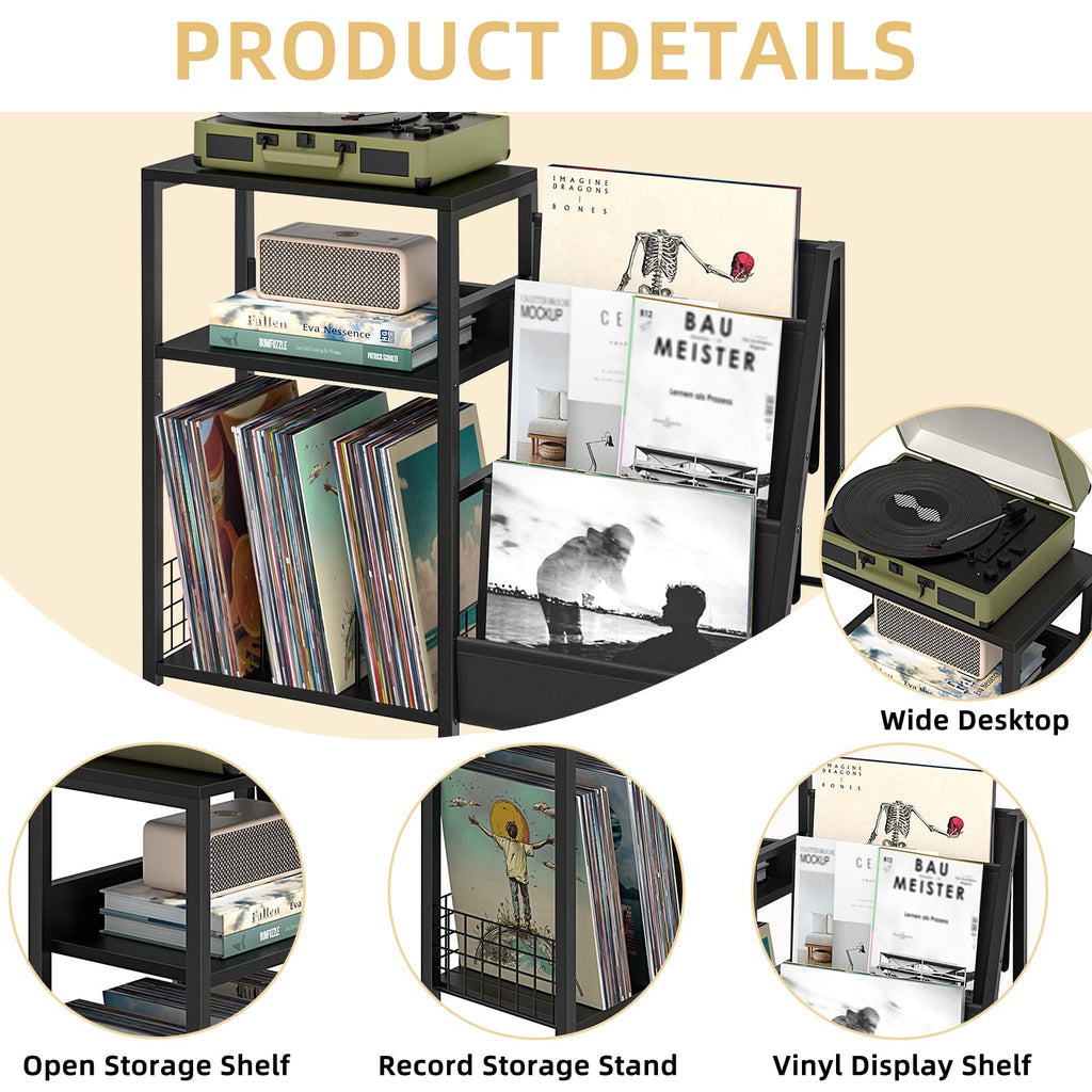 LELELINKY Record Player Stand, Black Adjustable Guitar Stand for Acoustic Guitar, Electric Guitar, Bass, Turntable Stand with Vinyl Display Shelf Storage Up to 150 Albums, End Table for Music Room