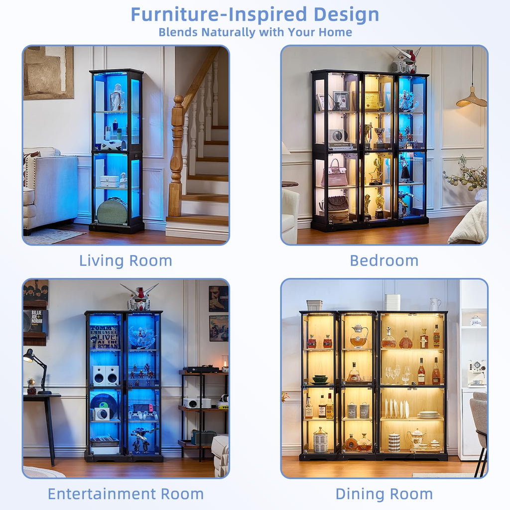 LELELINKY Farmhouse Narrow Glass Display Cabinet with Doors & Lock, Walnut