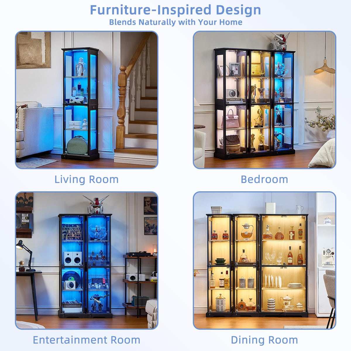 LELELINKY Farmhouse Narrow Glass Display Cabinet with Doors & Lock, Walnut
