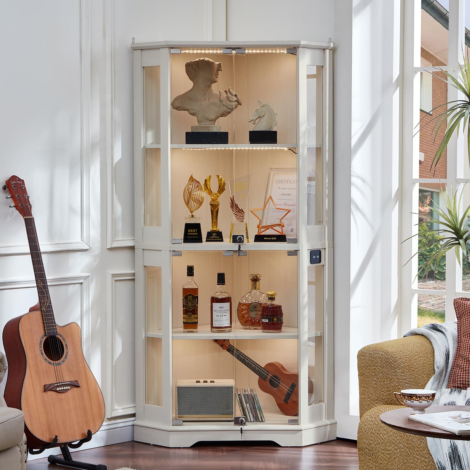 LELELINKY Farmhouse Corner Display Cabinet with Glass Doors, Corner Curio Cabinet with 3-Color LED Motion-Sensor Light, Walnut