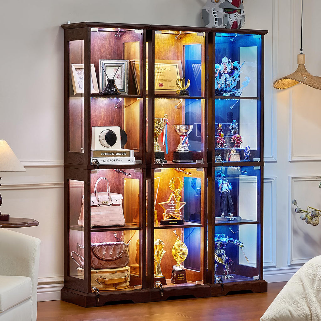 LELELINKY Farmhouse Narrow Glass Display Cabinet with Doors & Lock, Walnut