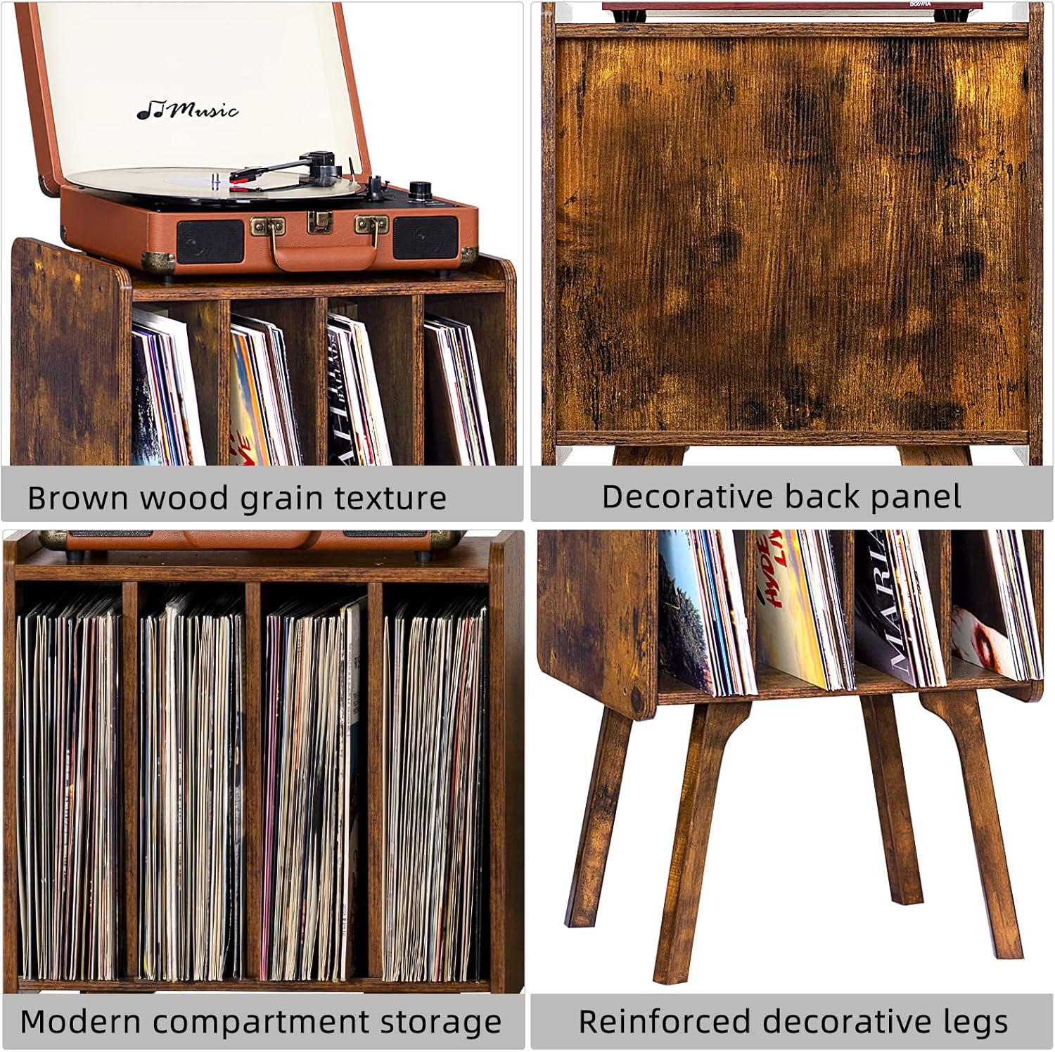 LELELINKY Small Record Player Stand - Width 11.7 in, Brown Vinyl Record Storage Table with 4 Cabinet Up to 80 Albums, Vinyl Holder with Wood Legs,Turntable Stand Display Shelf for Bedroom Living Room