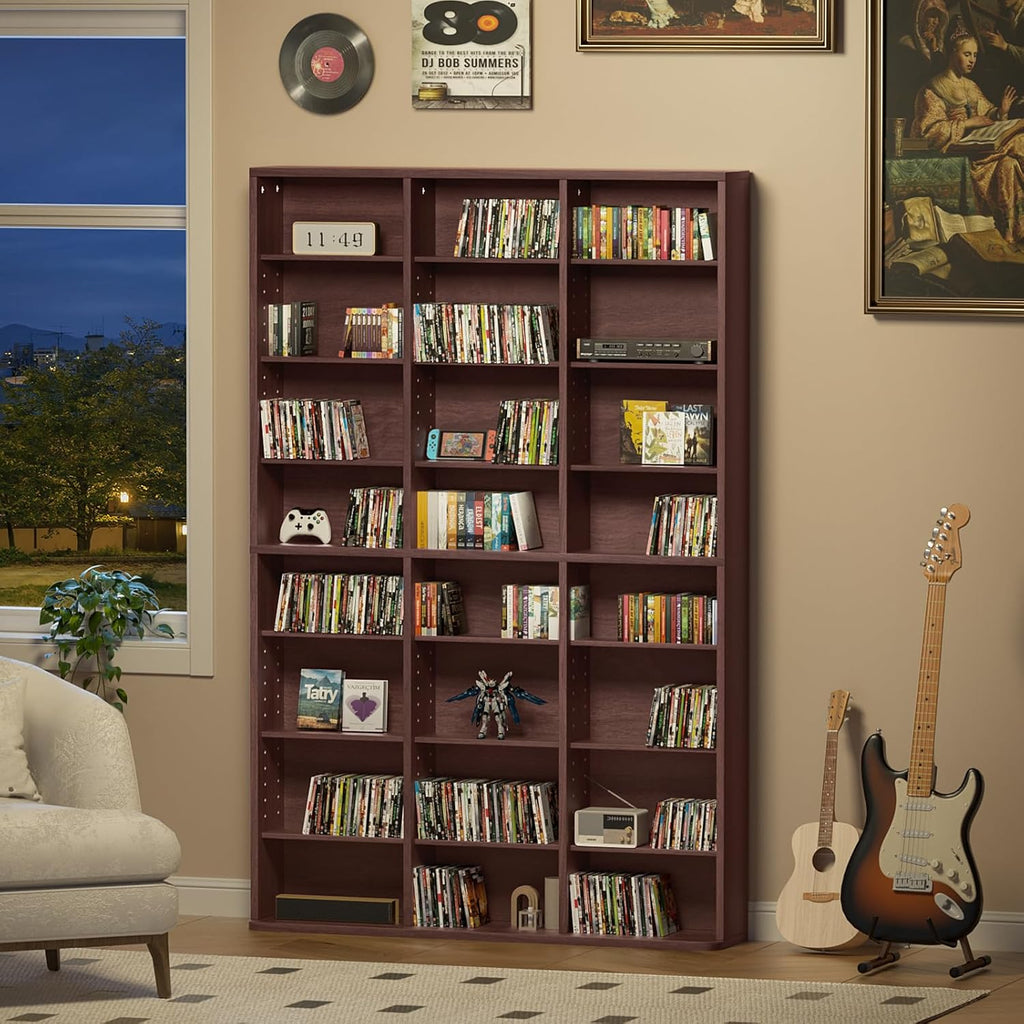 LELELINKY 8 Tier Tall Display Cabinet, Walnut Media Storage Cabinet with Adjustable Shelves, Free Standing DVD Organizer Shelf, Floor Multimedia Storage Manga Bookshelf for Living Room & Home Office.