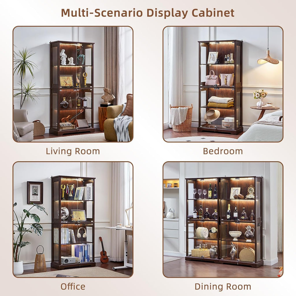 LELELINKY Farmhouse Display Cabinet with Glass Doors, Curio Cabinet with 3-Color LED Motion-Sensor Light, Walnut