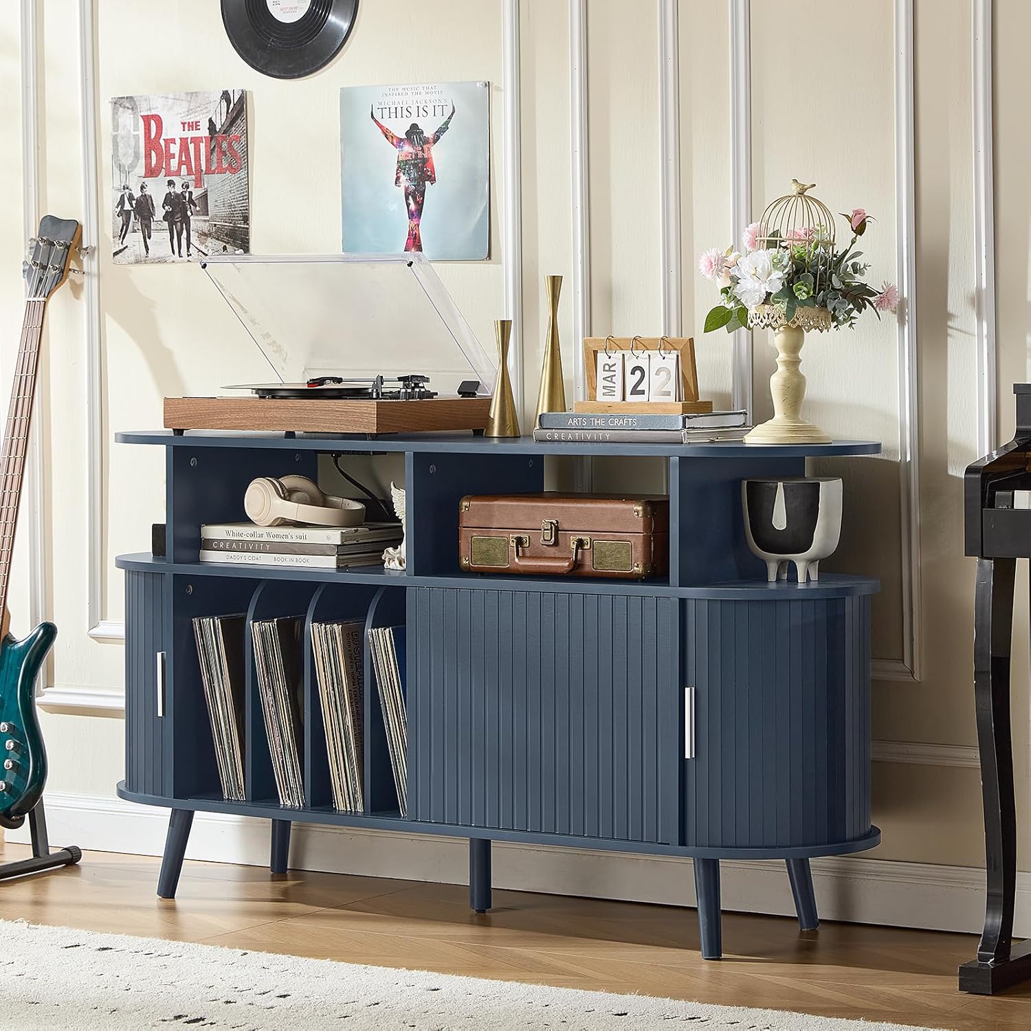 LELELINKY Large Round Record Player Stand with Charging Station & Fluted Panel, Blue Mid Century Modern Turntable Cabinet with Vinyl Storage, Arched Wood Record Player Table for Living Room