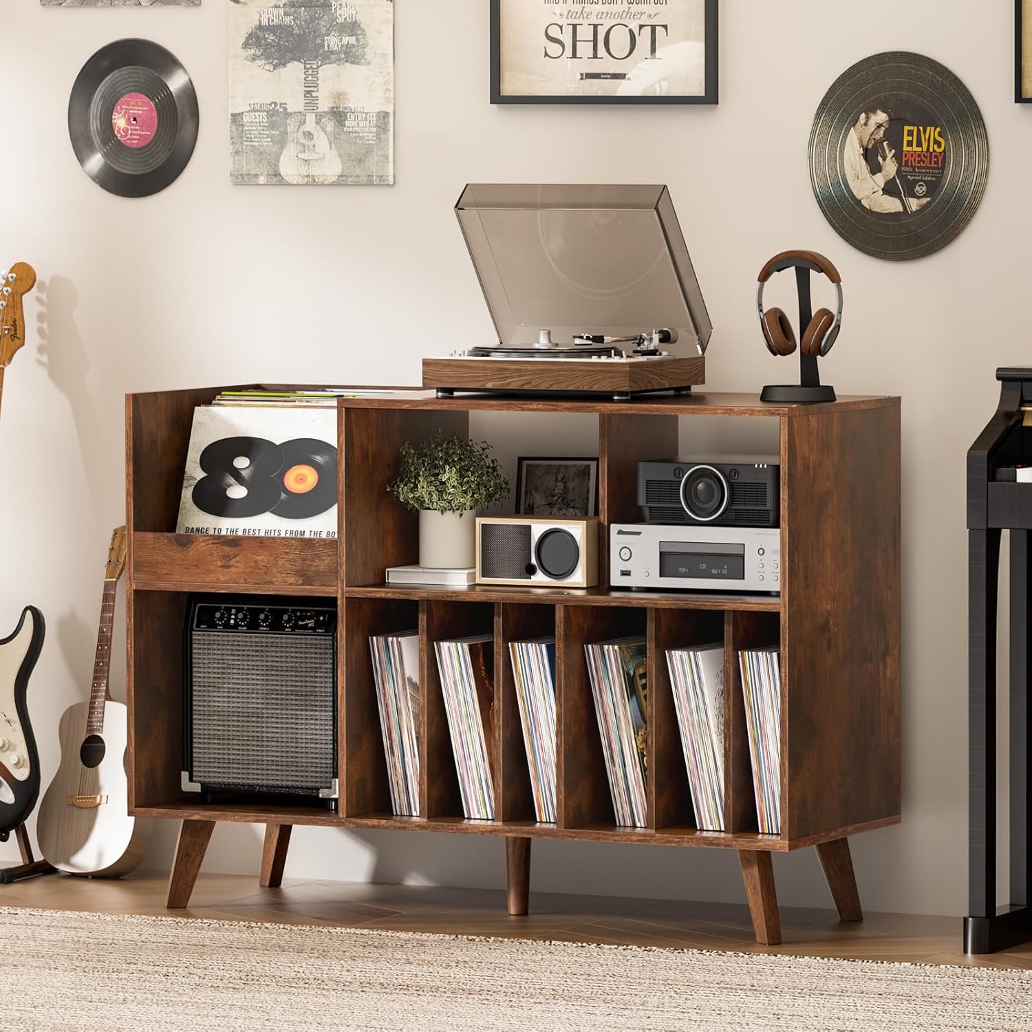 LELELINKY Large Record Player Stand, 48‘’Turntable Stand with Storage, Vinyl Record Holder with Display Area, Record Player Table Holds Up to 450 Albums, Record Stand for Music Room Living Room