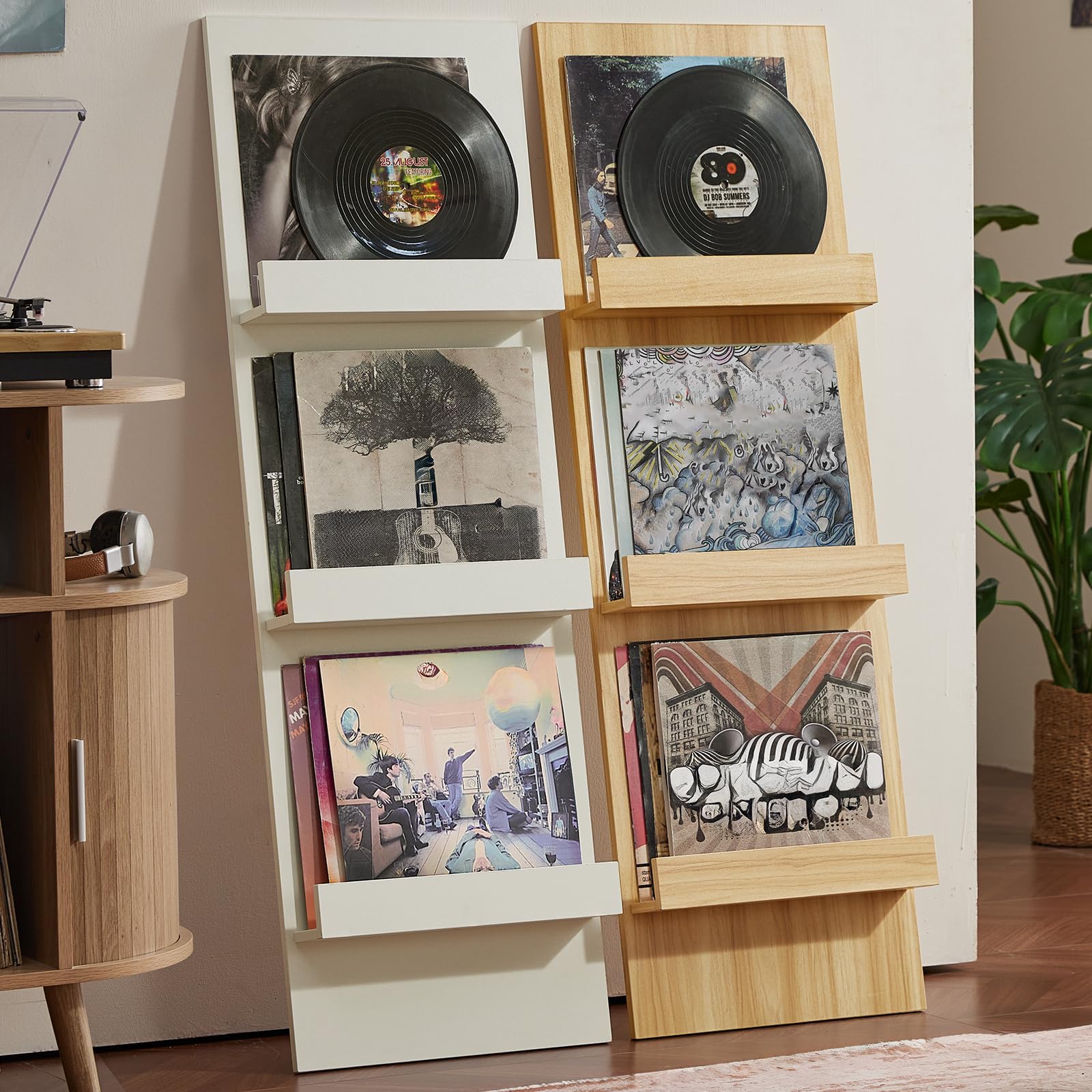 LELELINKY Wall Mount Vinyl Record Holder Set of 2 with 3 Tier Display Area, 47.5'' Tall Record Storage Magazine Holder, Book Shelf Holder Holds Up to 15 Vinyls Albums/CD for, Living Room, Music Room