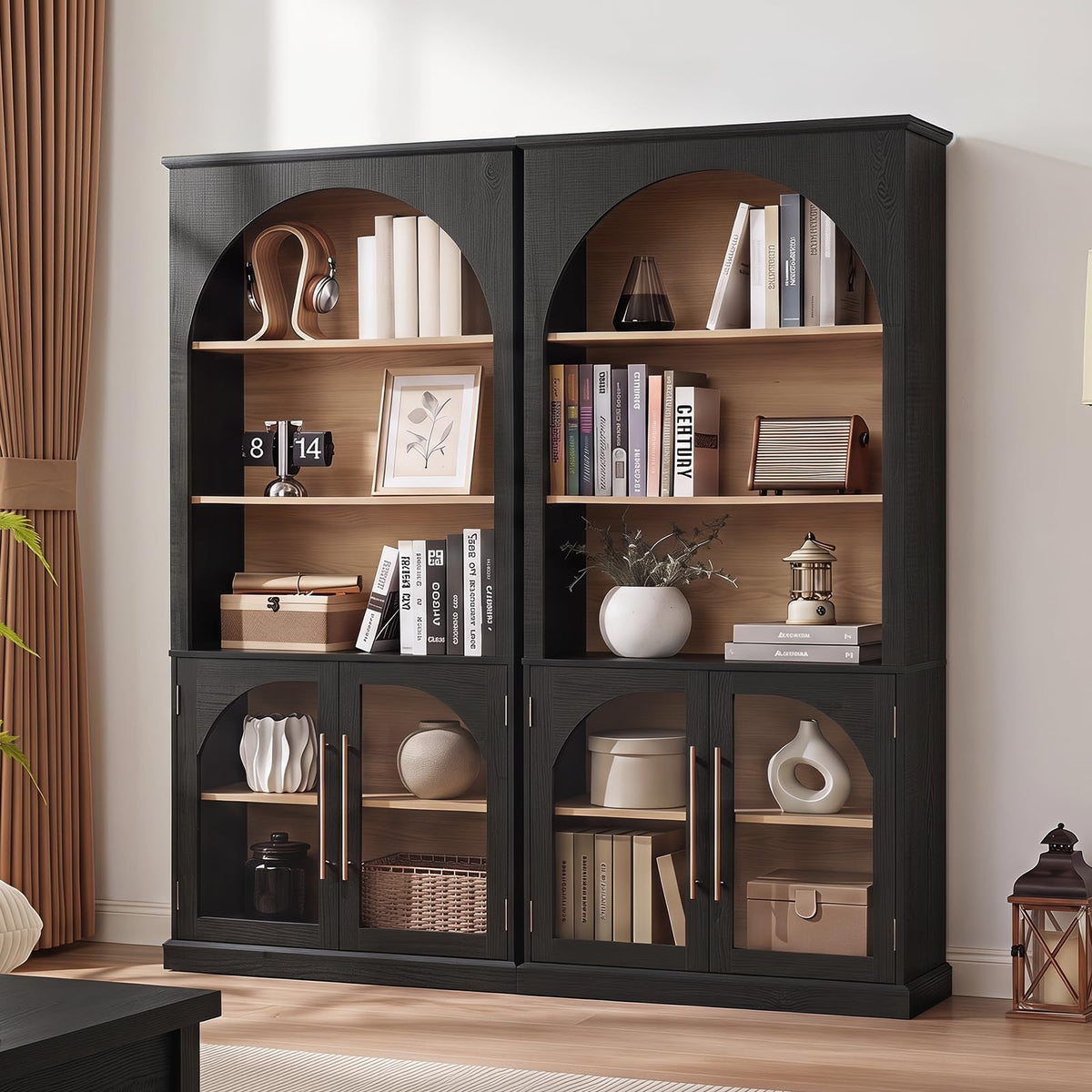 LELELINKY Arched Bookshelf with Tempered Glass Doors, 67" Tall Bookcase