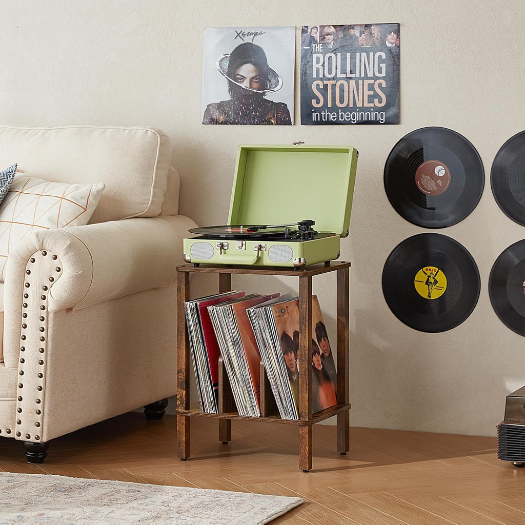 LELELINKY 2-Tier Record Player Stand with Vinyl Record Storage up to 100 Albums, Bedroom Record Holder and Multi-Functional End Table for Living Room, Brown