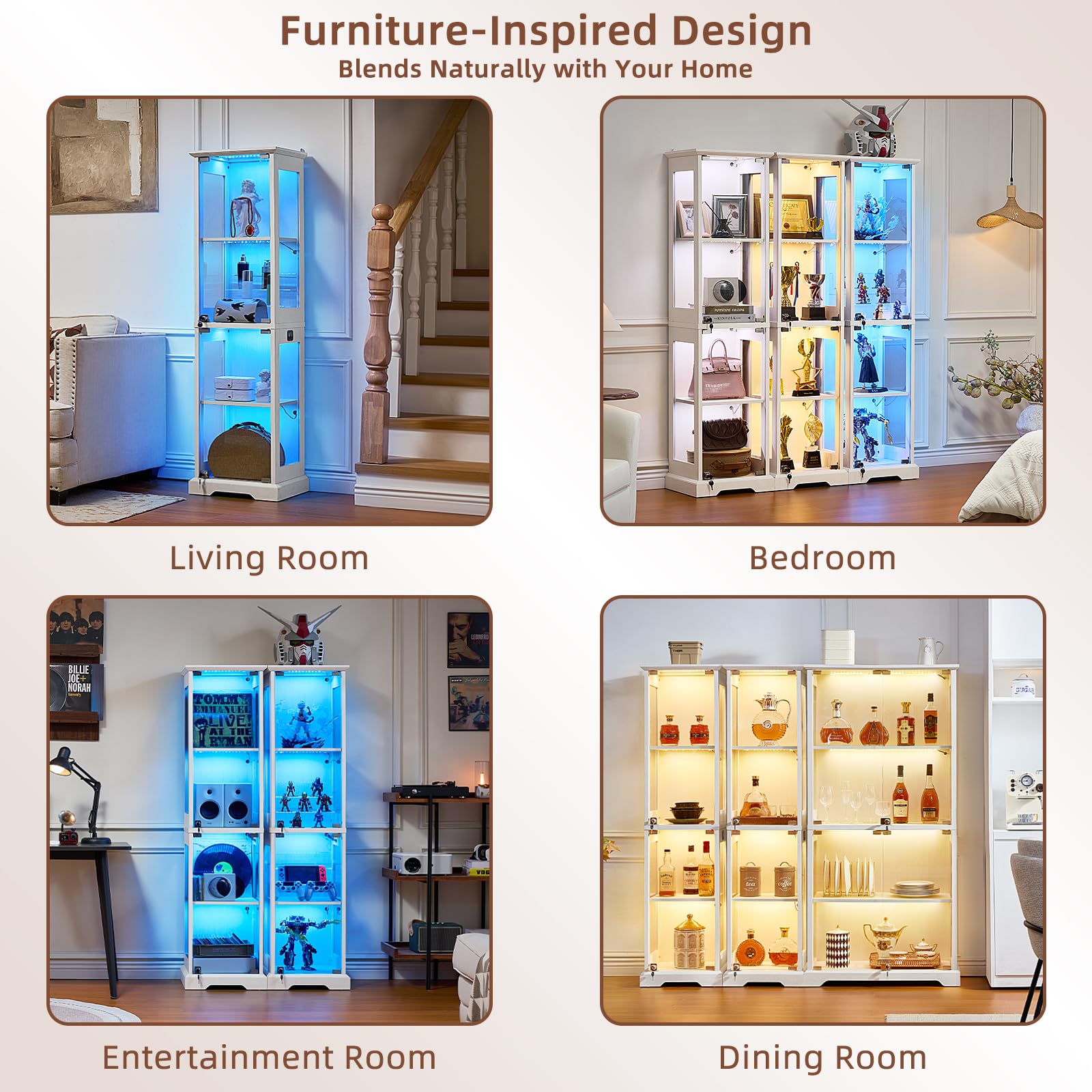 LELELINKY Farmhouse Narrow Glass Display Cabinet with Doors & Lock, Walnut