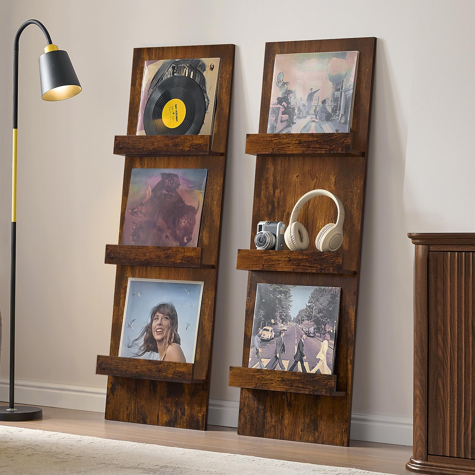 LELELINKY Wall Mount Vinyl Record Holder with 3 Tier Display Area, 47.5'' Tall Record Storage Magazine Holder, Book Shelf Holder Holds Up to 15 Vinyls Albums/CD for Music Room, Living Room, Black