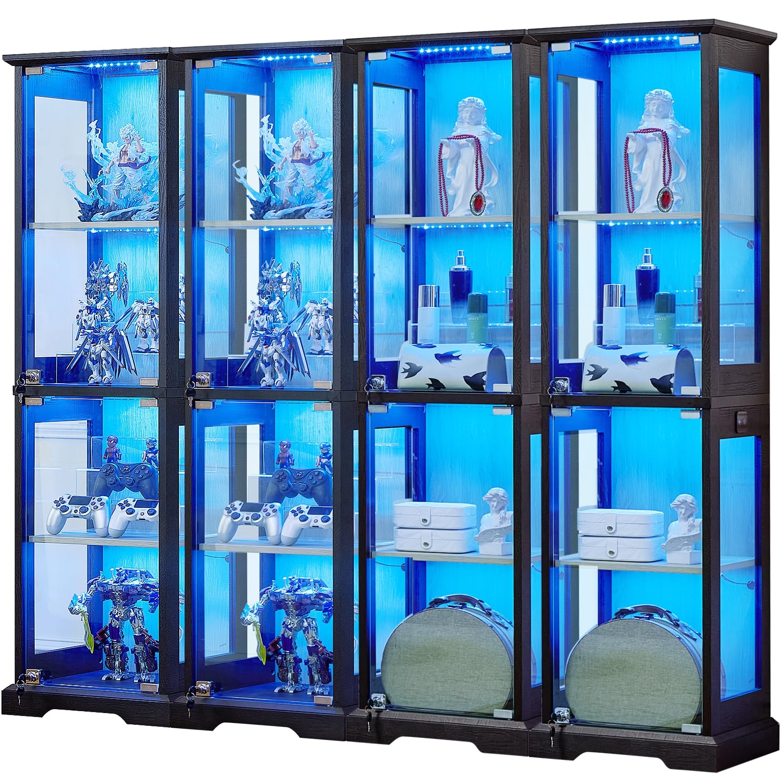 LELELINKY Farmhouse Narrow Glass Display Cabinet with Doors & Lock, Walnut