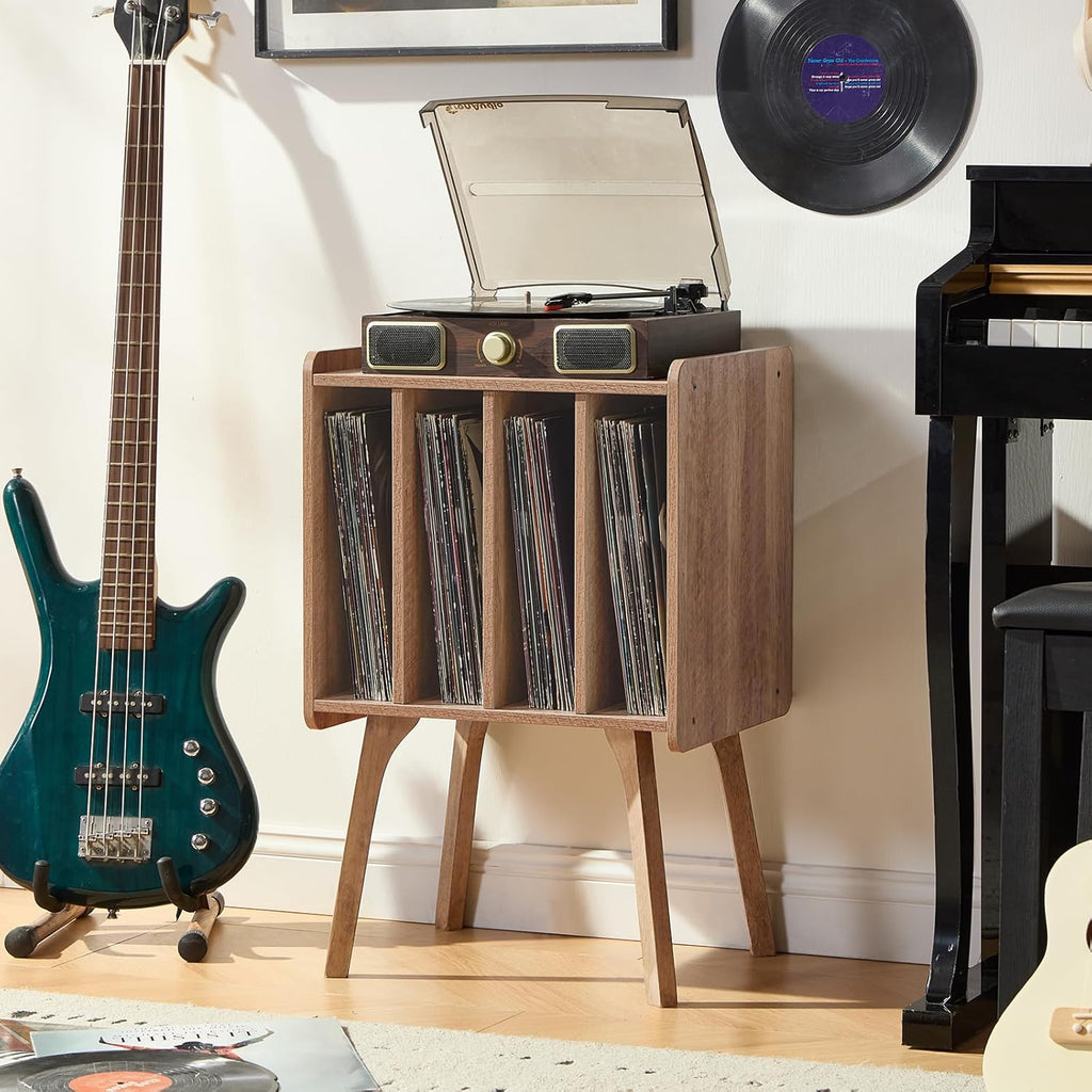 LELELINKY Record Player Stand,Vinyl Record Storage Table with 4 Cabinet Up to 100 Albums,Mid-Century Modern Turntable Stand with Wood Legs,Oak Grey Vinyl Holder Display Shelf for Bedroom Living Room