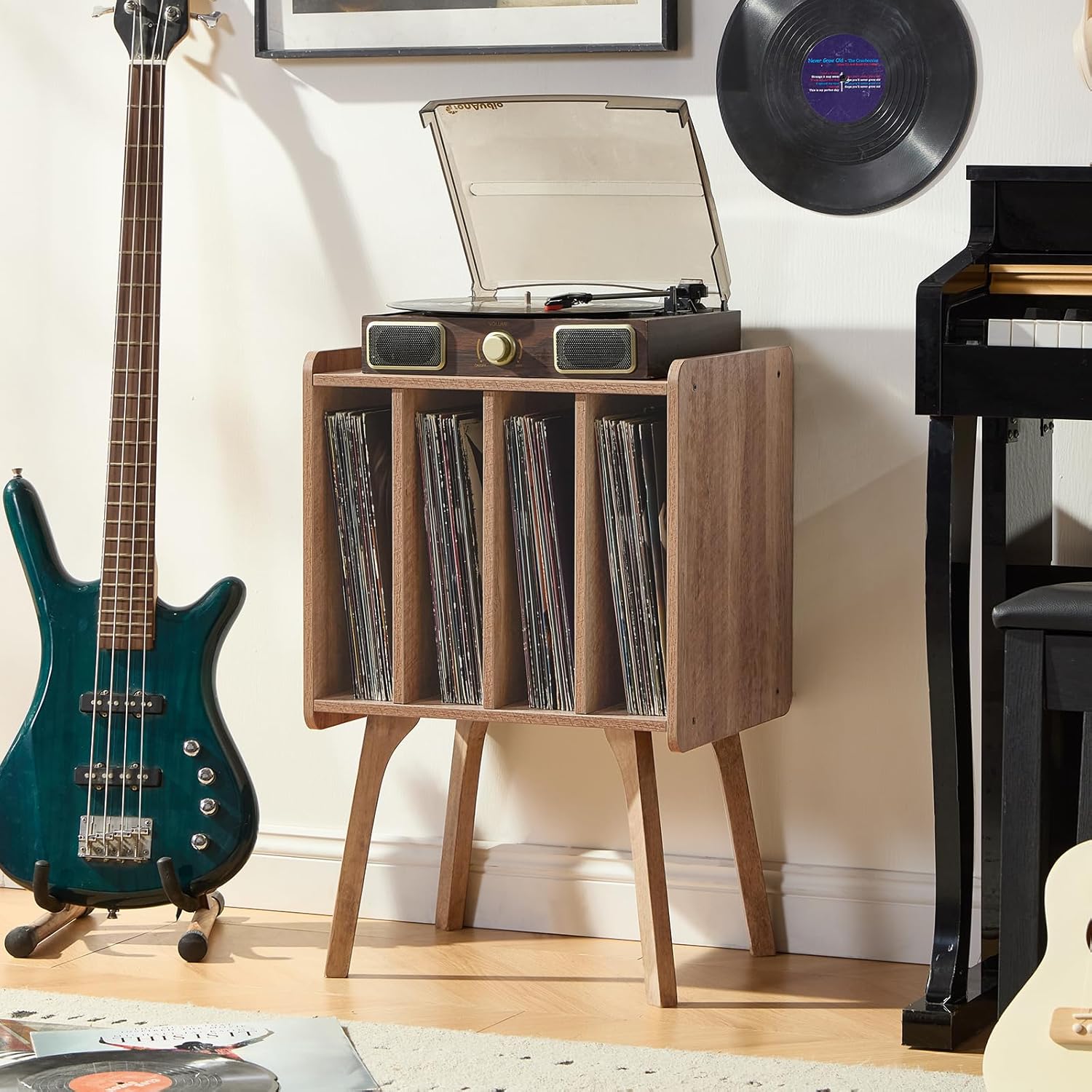 LELELINKY Record Player Stand,Vinyl Record Storage Table with 4 Cabinet Up to 100 Albums,Mid-Century Modern Turntable Stand with Wood Legs,Oak Grey Vinyl Holder Display Shelf for Bedroom Living Room