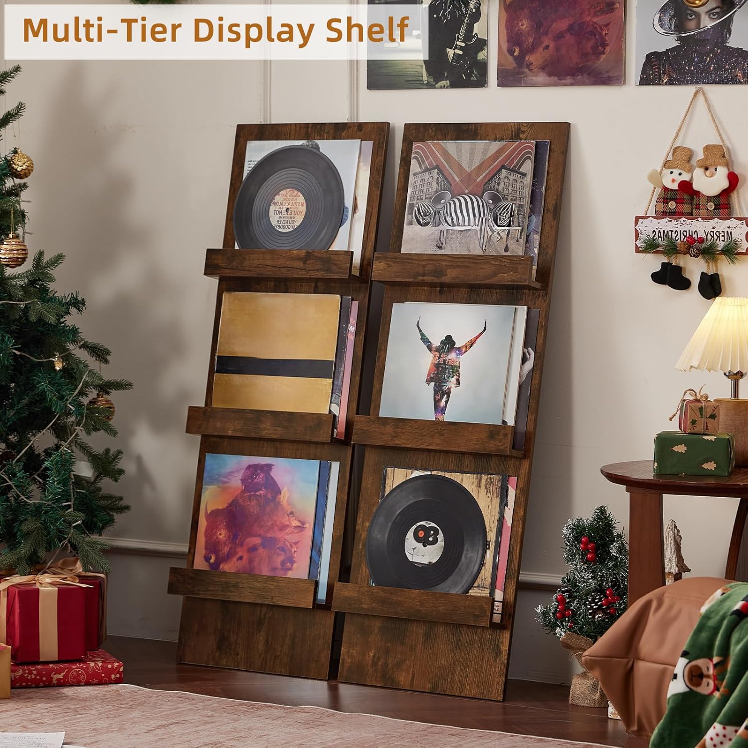 LELELINKY Wall-Leaning Vinyl Record Holder with 3 Tier Display Shelf, 47.5'' Tall Record Storage Magazine Holder, Vinlys Stand Holder Holds Up to 30 Vinyls Albums/CD for Living Room, Brown