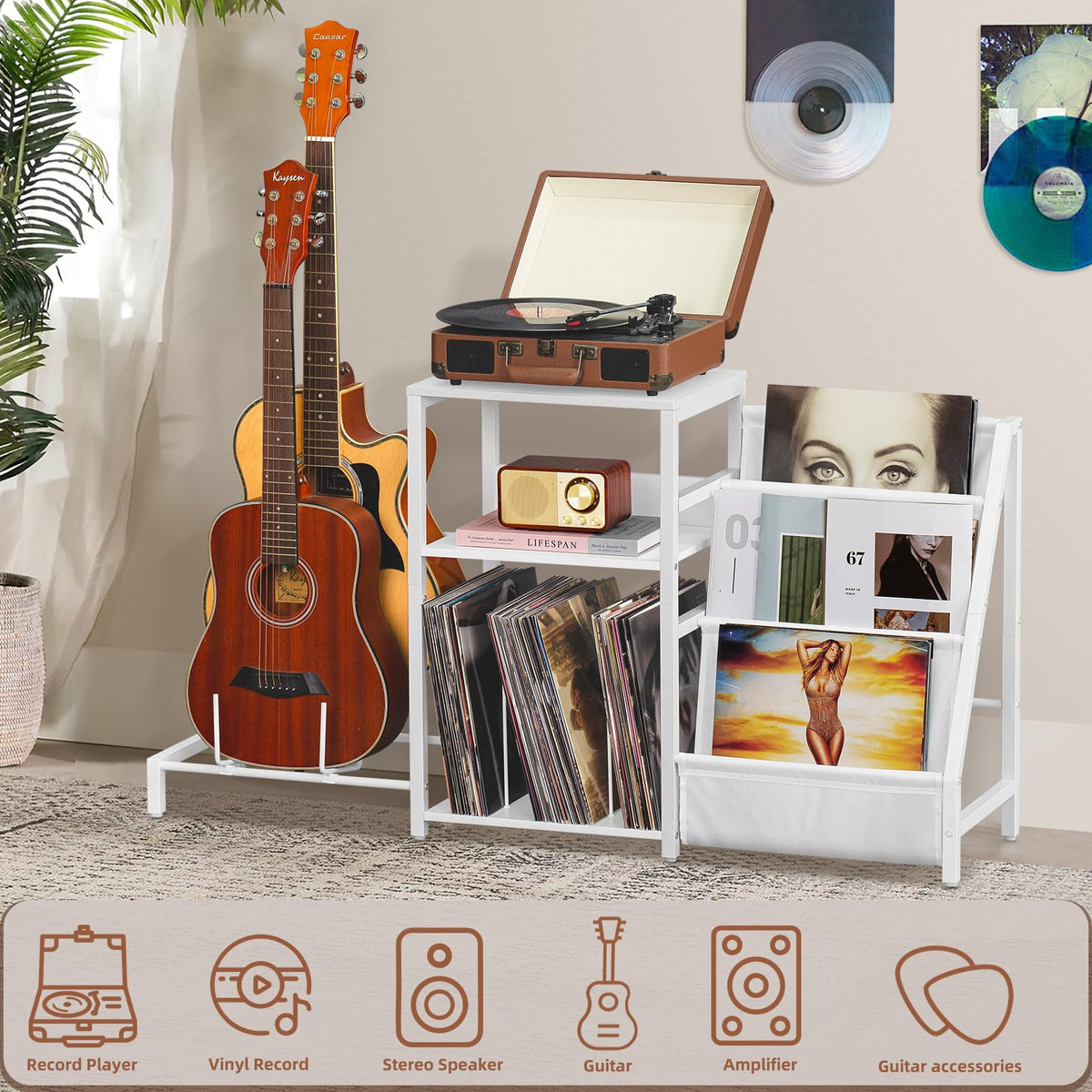 LELELINKY Record Player Stand, Black Adjustable Guitar Stand for Acoustic Guitar, Electric Guitar, Bass, Turntable Stand with Vinyl Display Shelf Storage Up to 150 Albums, End Table for Music Room