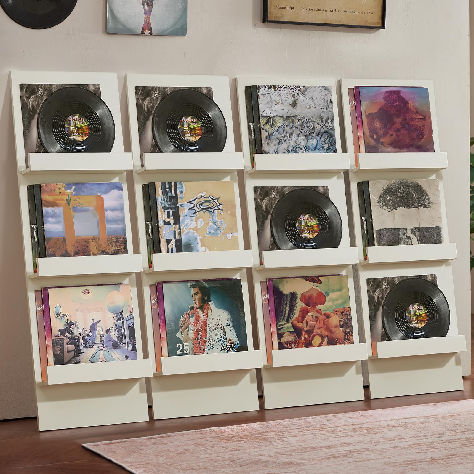 LELELINKY Wall-Leaning Vinyl Record Holder with 3 Tier Display Shelf, 47.5'' Tall Record Storage Magazine Holder, Vinlys Stand Holder Holds Up to 30 Vinyls Albums/CD for Living Room, Brown