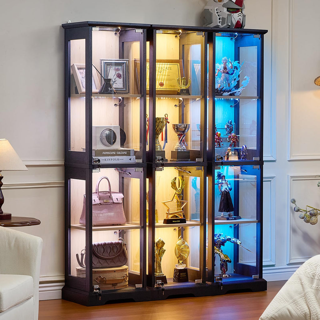 LELELINKY Farmhouse Narrow Glass Display Cabinet with Doors & Lock, Walnut