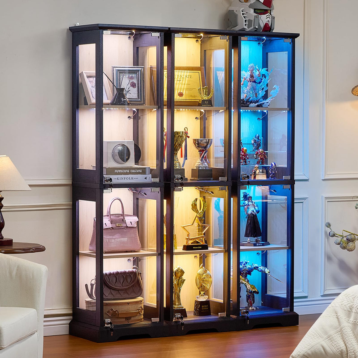 LELELINKY Farmhouse Narrow Glass Display Cabinet with Doors & Lock, Walnut
