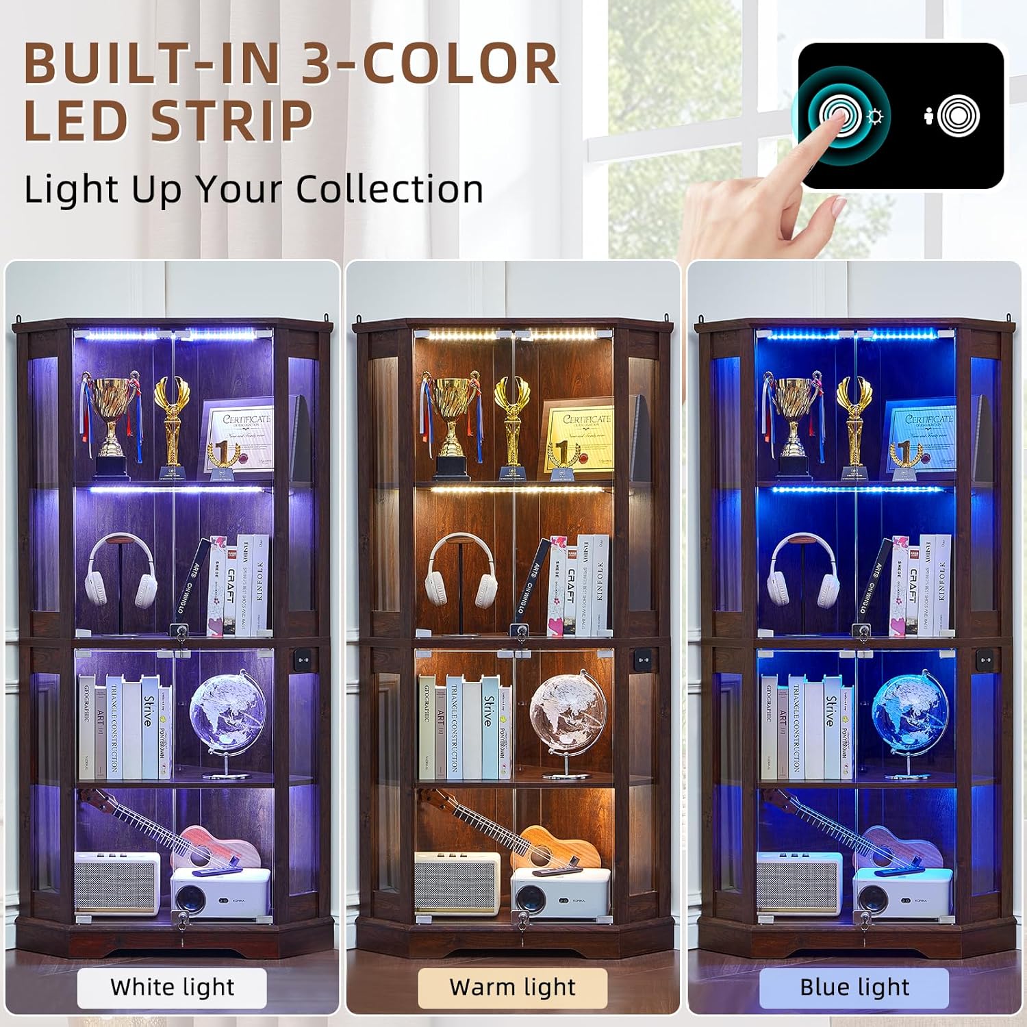 LELELINKY Farmhouse Corner Display Cabinet with Glass Doors, Corner Curio Cabinet with 3-Color LED Motion-Sensor Light, Walnut