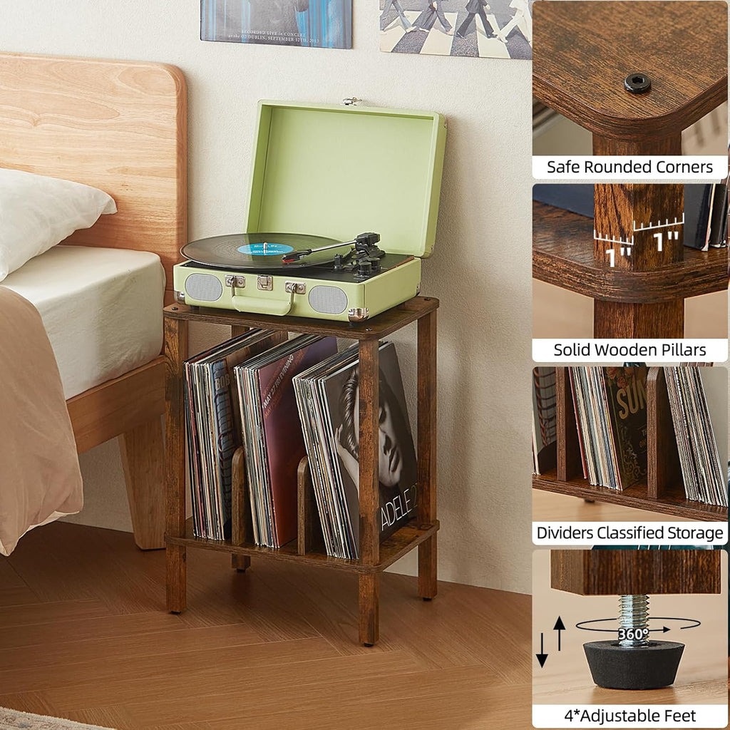 LELELINKY 2-Tier Record Player Stand with Vinyl Record Storage up to 100 Albums, Bedroom Record Holder and Multi-Functional End Table for Living Room, Brown