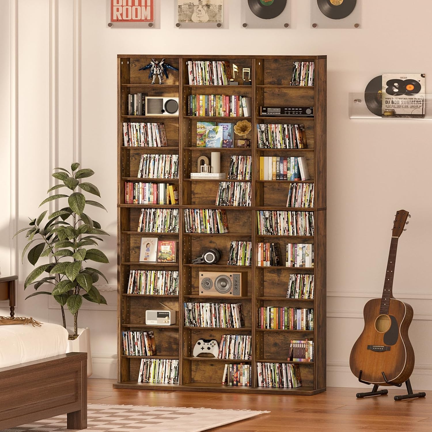 LELELINKY 11 Tier Tall Display Cabinet, Media Storage Cabinet with Adjustable Shelves, Free Standing DVD Organizer Shelf, Floor Multimedia Storage Manga Bookshelf for Living Room & Home Office, Brown