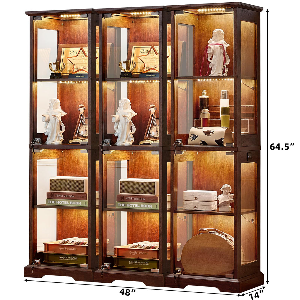 LELELINKY Farmhouse Narrow Glass Display Cabinet with Doors & Lock, Walnut