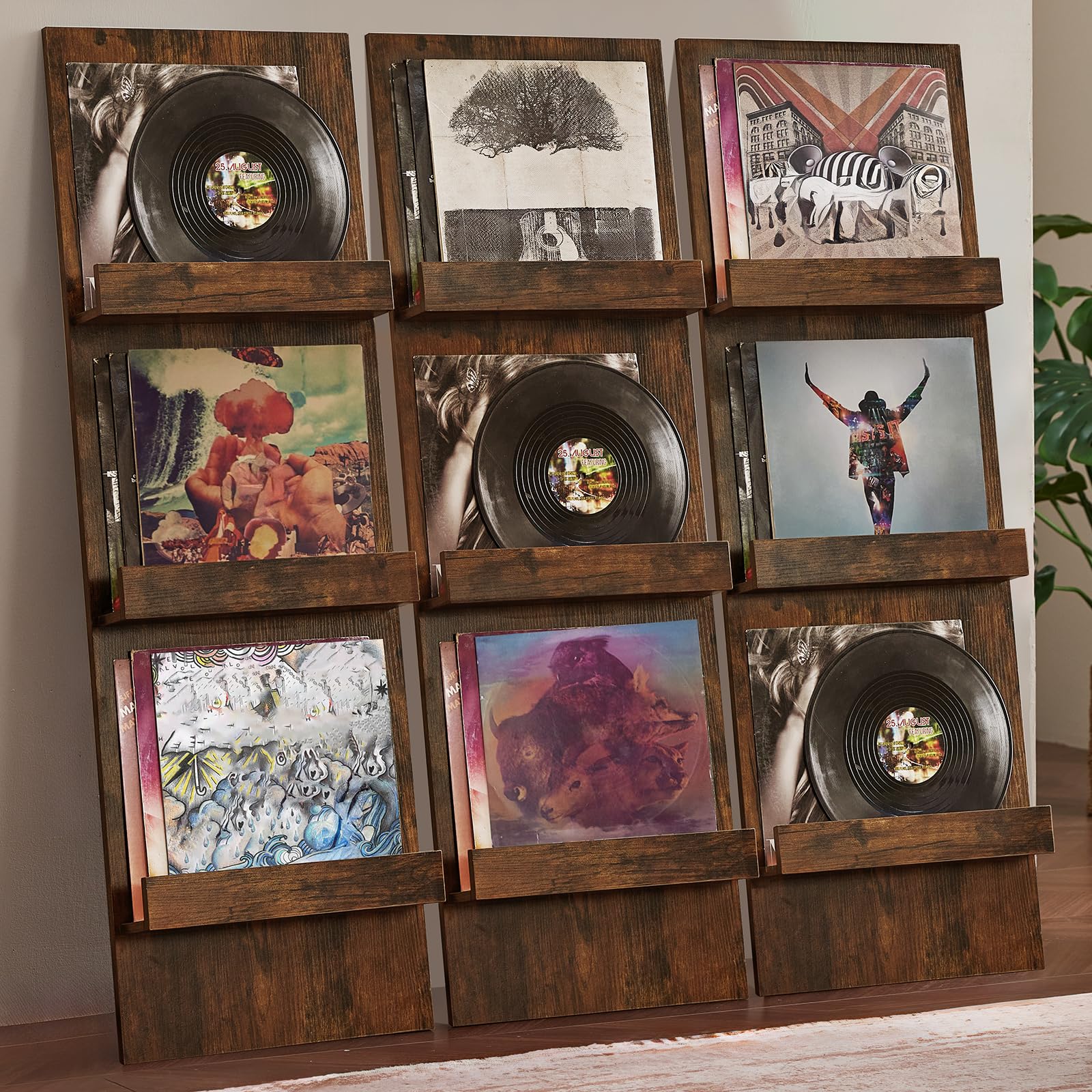 LELELINKY Wall-Leaning Vinyl Record Holder with 3 Tier Display Shelf, 47.5'' Tall Record Storage Magazine Holder, Vinlys Stand Holder Holds Up to 30 Vinyls Albums/CD for Living Room, Brown