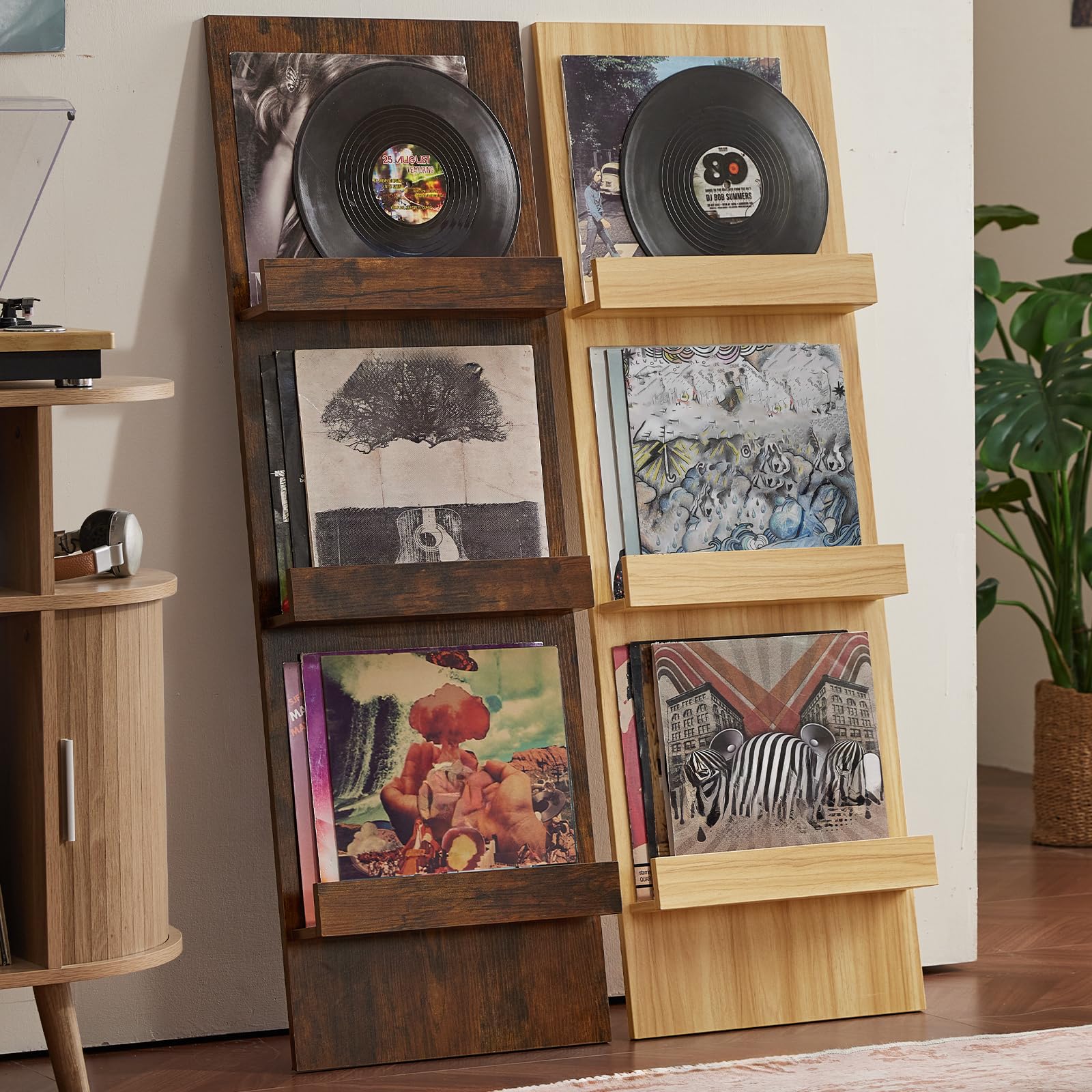 LELELINKY Wall Mount Vinyl Record Holder Set of 2 with 3 Tier Display Area, 47.5'' Tall Record Storage Magazine Holder, Book Shelf Holder Holds Up to 15 Vinyls Albums/CD for, Living Room, Music Room