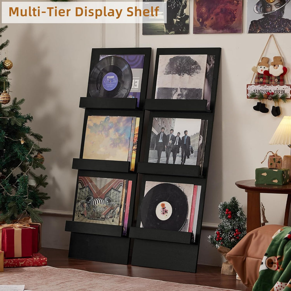LELELINKY Wall Mount Vinyl Record Holder with 3 Tier Display Shelf, 47.5'' Tall Record Storage Magazine Holder, Book Shelf Holder Holds Up to 15 Vinyls Albums/CD for Living Room, Concert Hall, Black