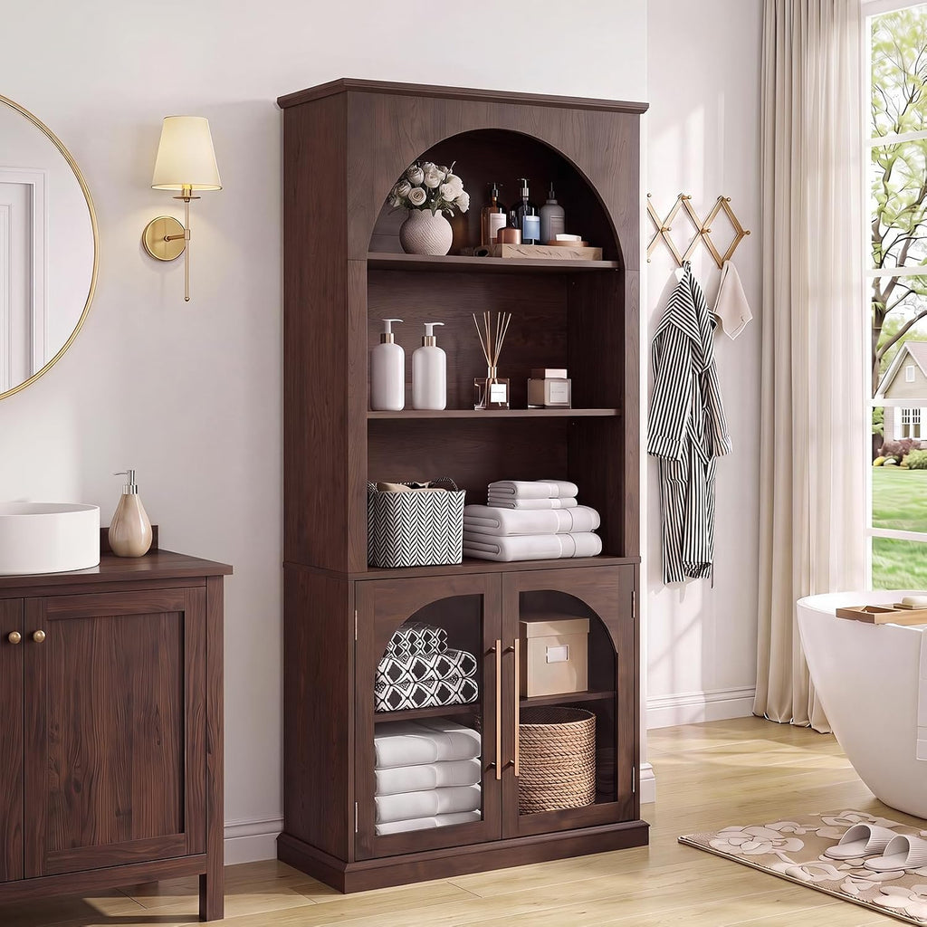 LELELINKY Arched Bookshelf with Tempered Glass Doors, 67" Tall Bookcase