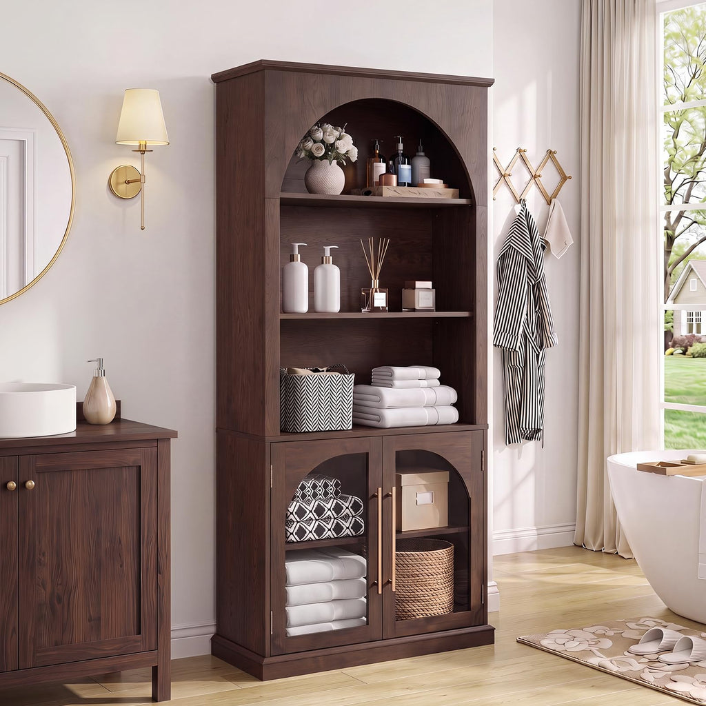 LELELINKY Arched Bookshelf with Tempered Glass Doors, 67" Tall Bookcase