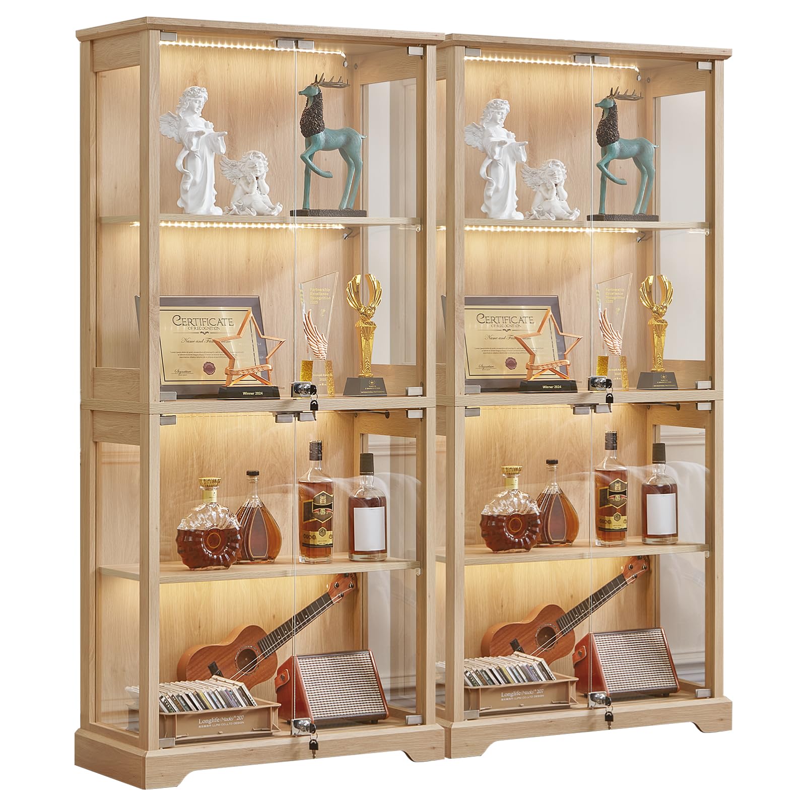 LELELINKY Farmhouse Display Cabinet with Glass Doors, Curio Cabinet with 3-Color LED Motion-Sensor Light, Walnut