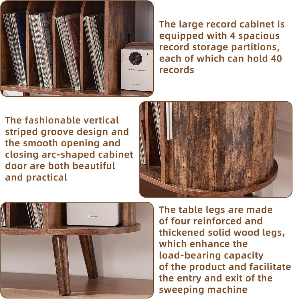 LELELINKY Large Arched Record Player Stand with Charging Station & Fluted Display Shelf,Mid Century Modern Turntable Cabinet with Vinyl Storage,Round Wood Record Player Table for Living Room,Brown