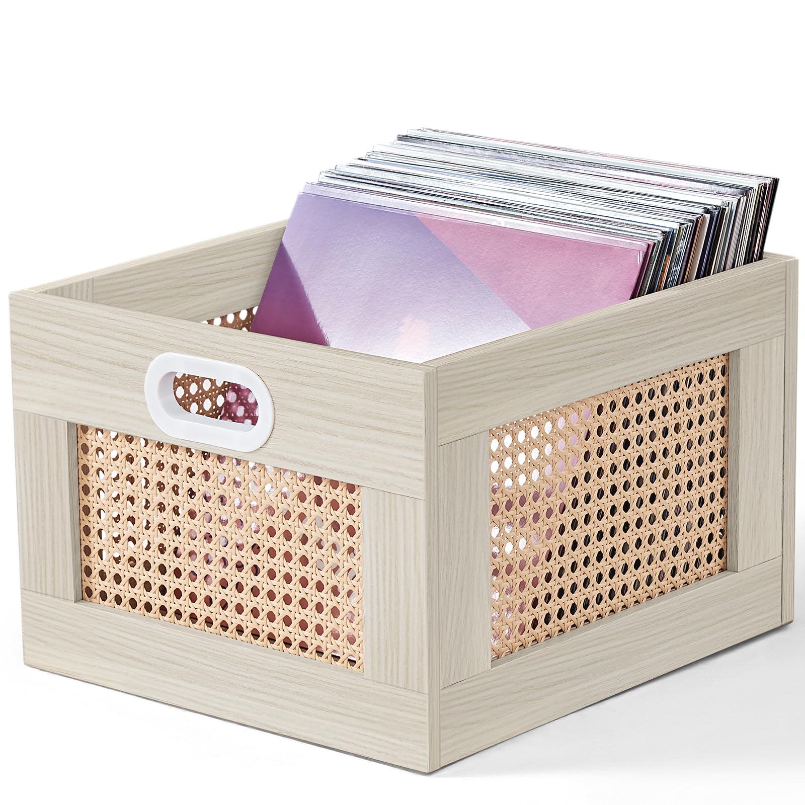 LELELINKY 2 Pack Vinyl Record Storage Crates, Rattan Vinyl Record Holder