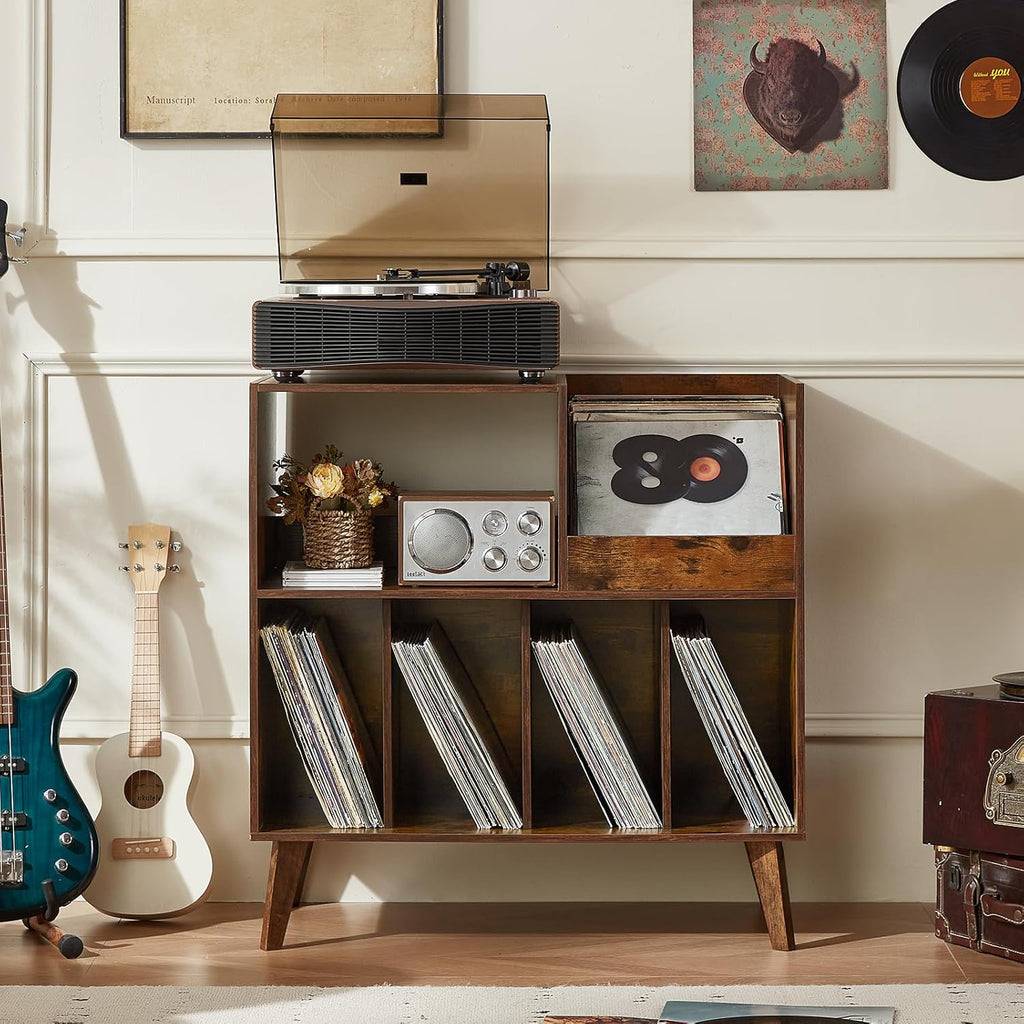 LELELINKY Large Record Player Stand, Turntable Stand with Storage, Vinyl Record Holder with Display Area, Record Player Table Holds Up to 300 Albums, Record Stand for Music Room Living Room-Brown