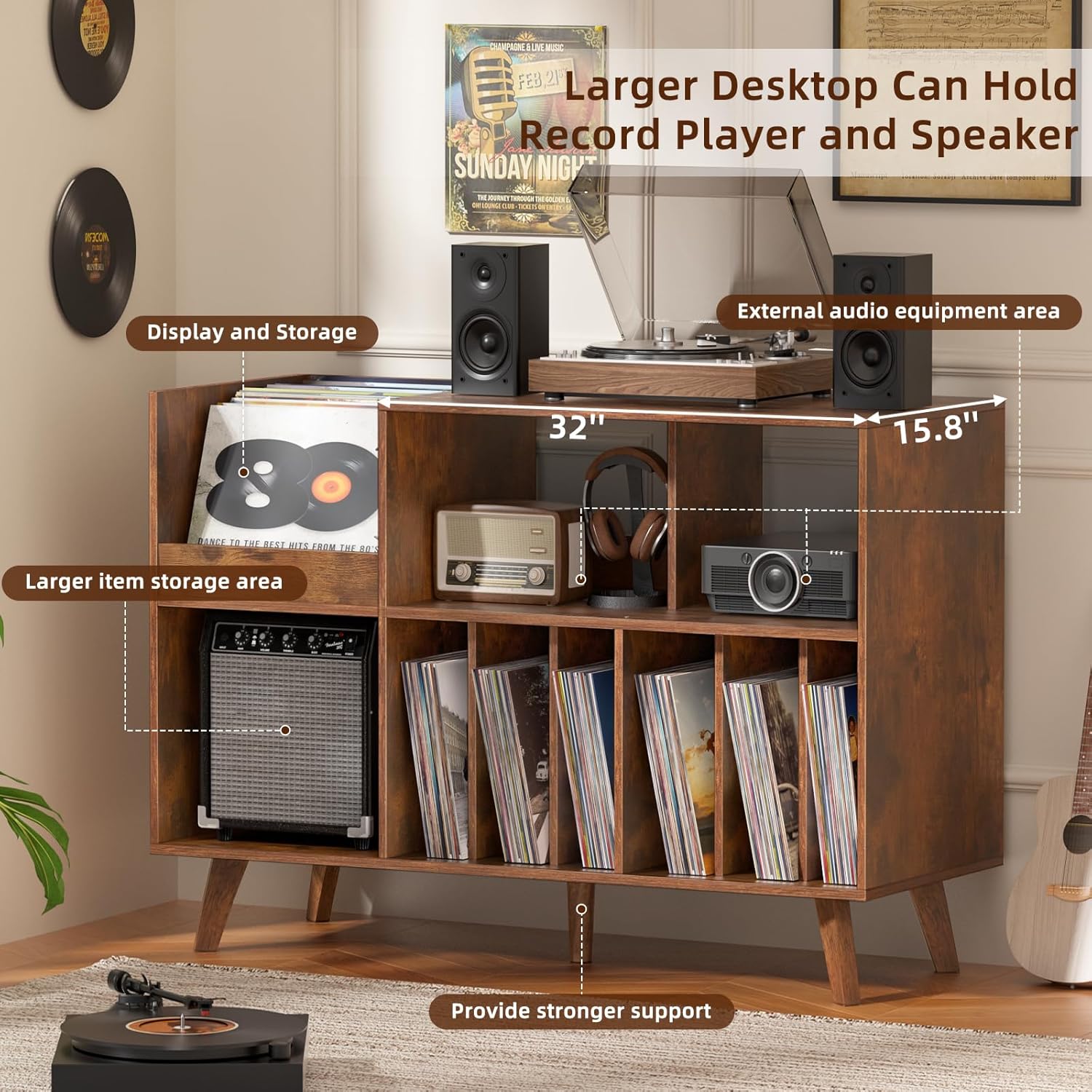 LELELINKY Large Record Player Stand, 48‘’Turntable Stand with Storage, Vinyl Record Holder with Display Area, Record Player Table Holds Up to 450 Albums, Record Stand for Music Room Living Room