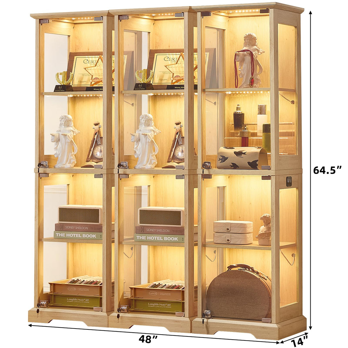 LELELINKY Farmhouse Narrow Glass Display Cabinet with Doors & Lock, Walnut