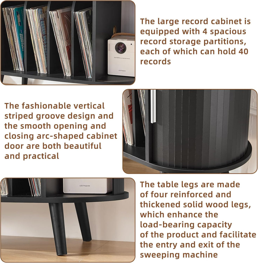 LELELINKY Large Round Record Player Stand with Charging Station & Fluted Display Shelf, Black Mid Century Modern Turntable Cabinet with Vinyl Storage, Arched Wood Record Player Table for Living Room