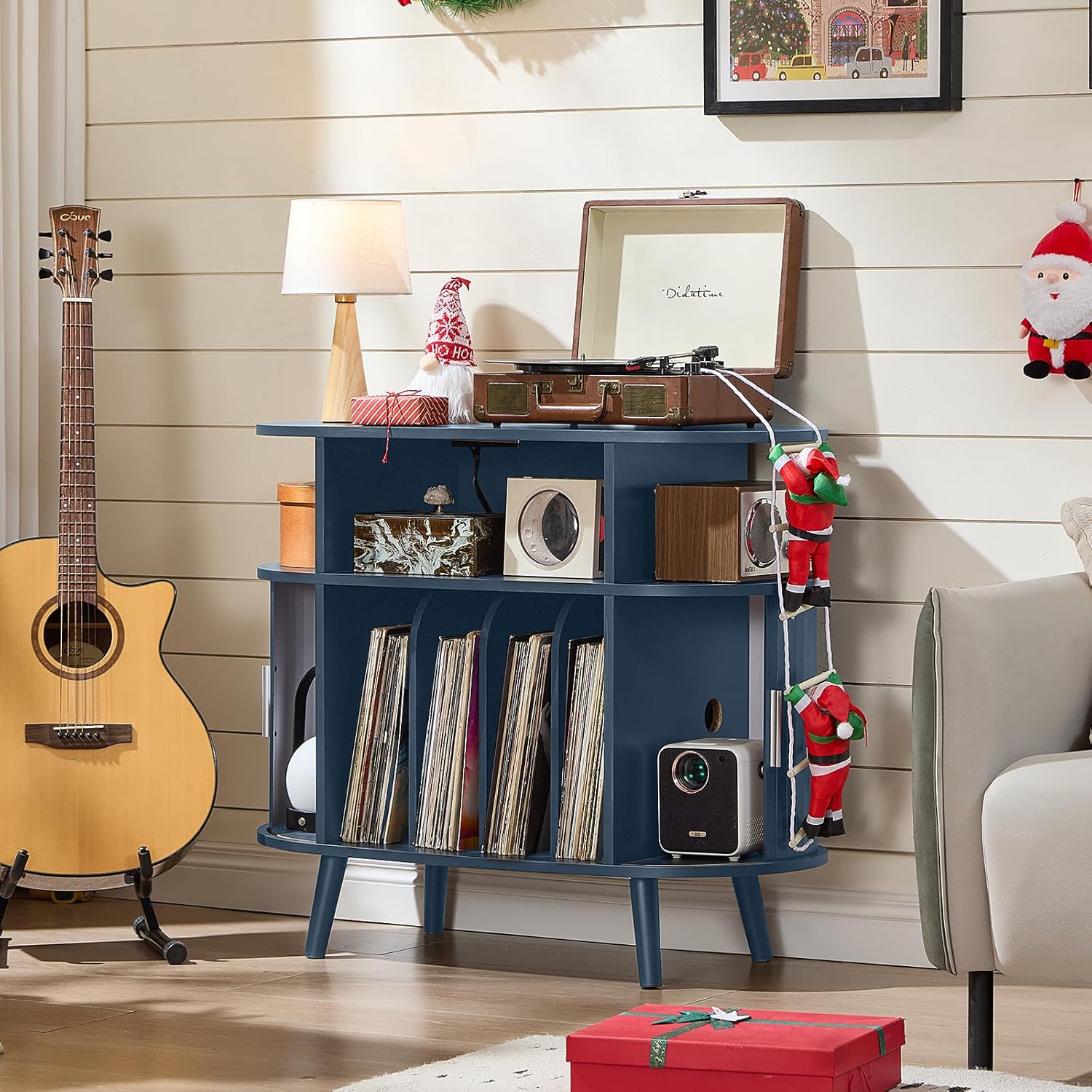 LELELINKY Large Round Record Player Stand with Charging Station & Fluted Display Shelf, Blue Mid Century Modern Turntable Cabinet with Vinyl Storage, Arched Wood Record Player Table for Living Room