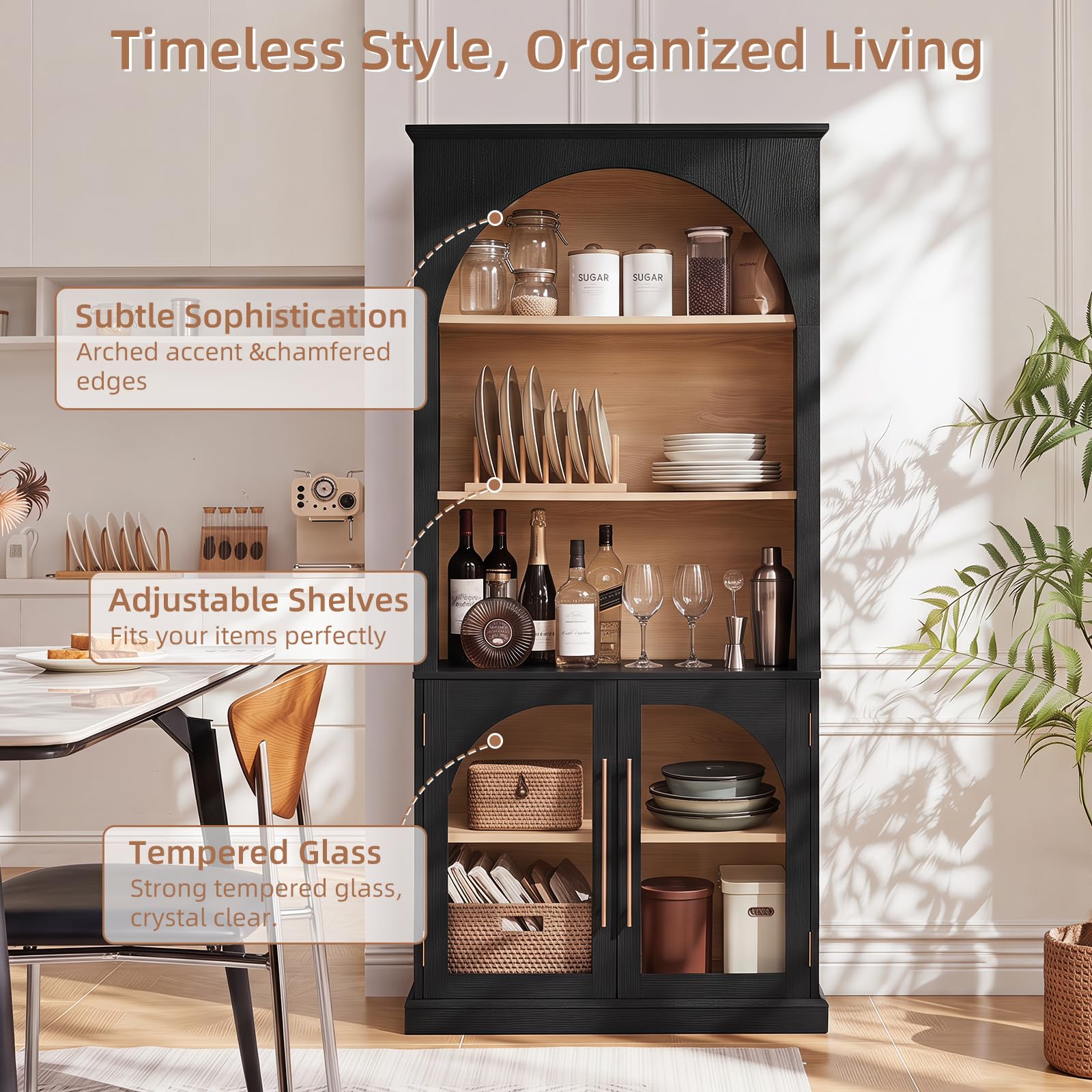 LELELINKY Arched Bookshelf with Tempered Glass Doors, 67" Tall Bookcase