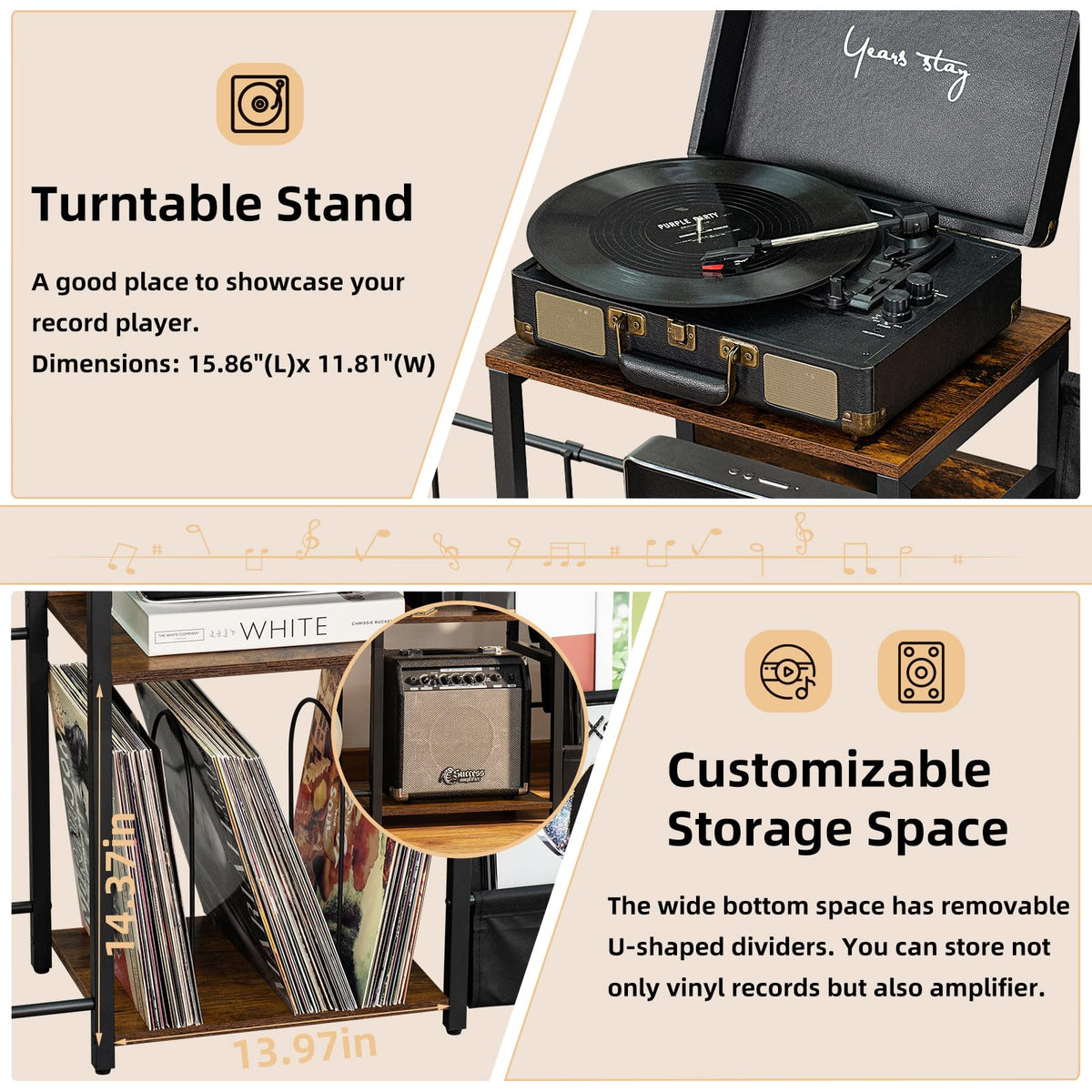 LELELINKY Record Player Stand, Black Adjustable Guitar Stand for Acoustic Guitar, Electric Guitar, Bass, Turntable Stand with Vinyl Display Shelf Storage Up to 150 Albums, End Table for Music Room