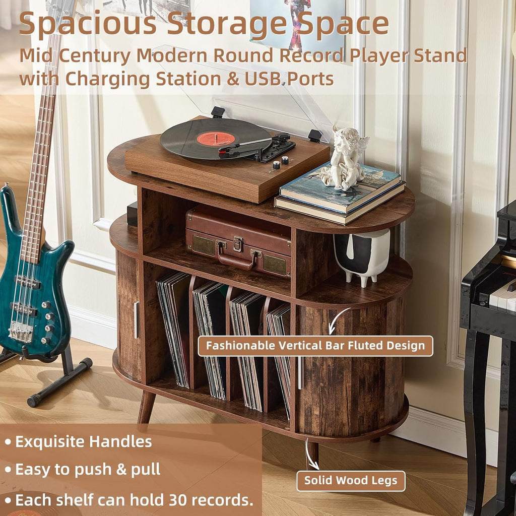 LELELINKY Large Arched Record Player Stand with Charging Station & Fluted Display Shelf,Mid Century Modern Turntable Cabinet with Vinyl Storage,Round Wood Record Player Table for Living Room,Brown
