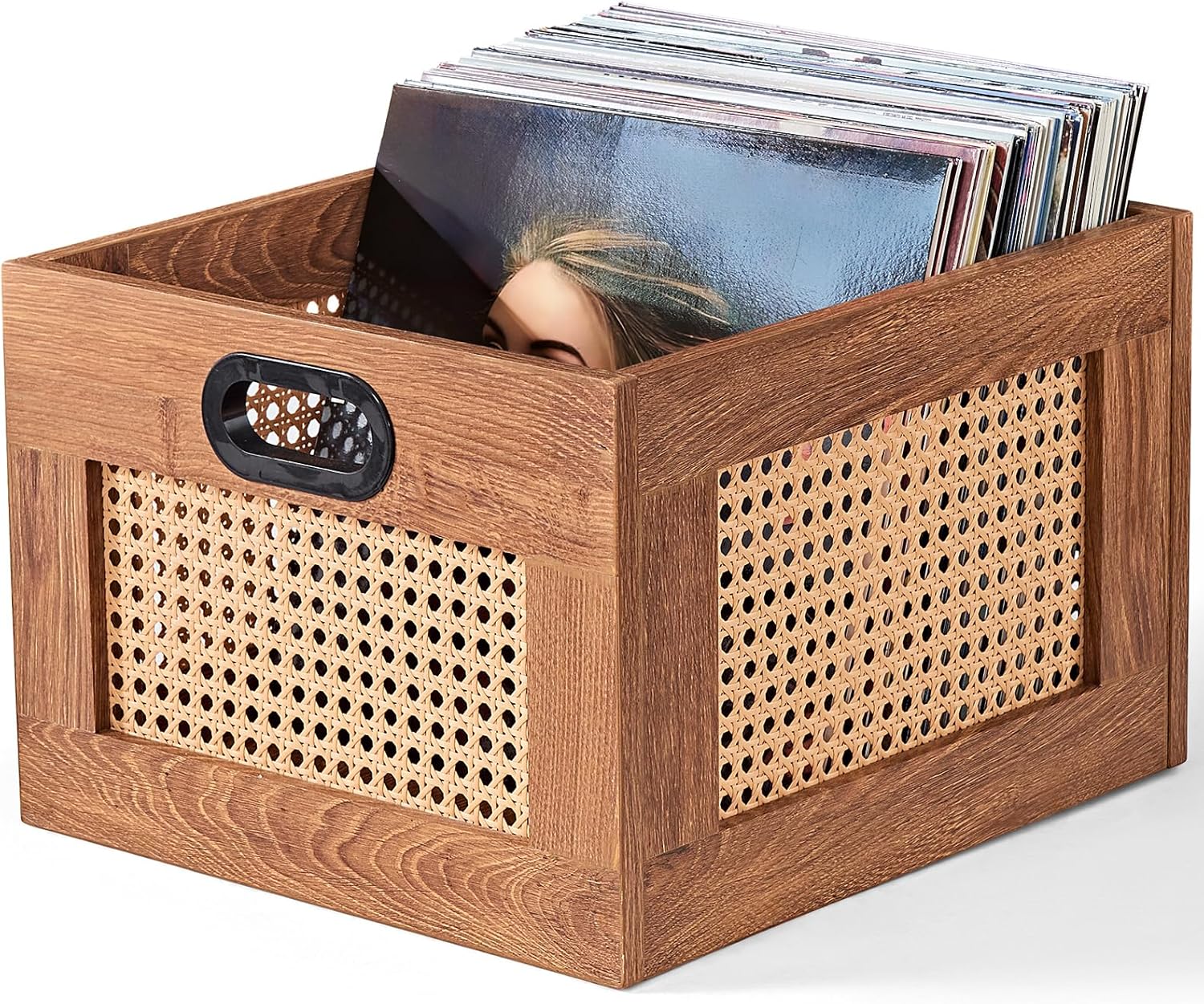 LELELINKY Vinyl Record Storage Crate, Rattan Vinyl Record Holder with Handle, Wood Record Crate for Vinyls Holder up to 75 LP's, Desktop Cube Album Storage for Vinyls Records(Tea Brown)
